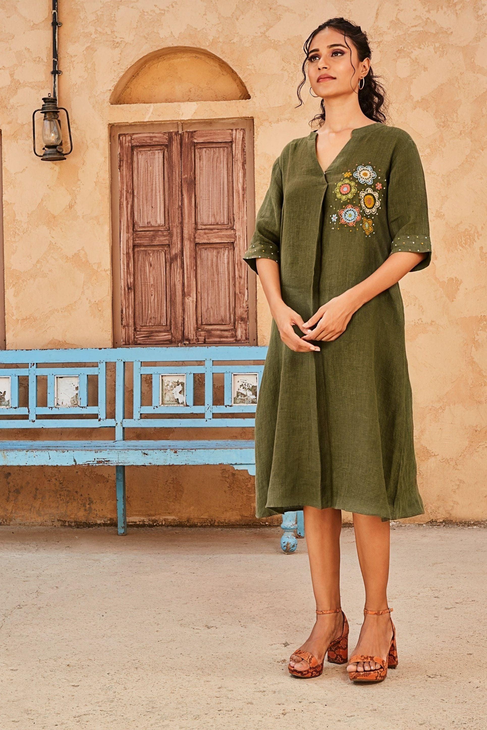 Olive Green Linen Dress with Floral Embroidery  Mokshaa