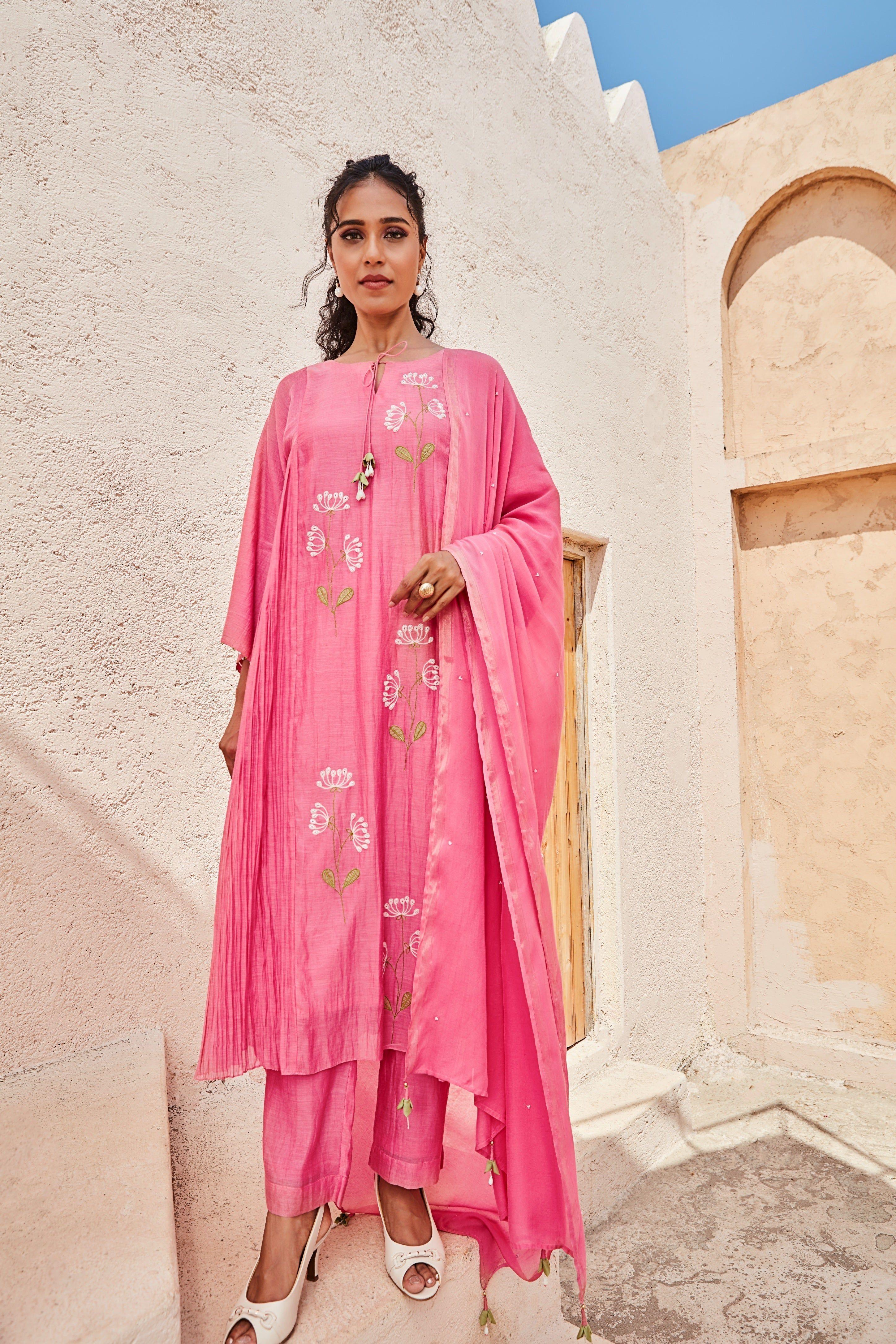 Rose Pink Embroidered Cotton Kurta Set  Mokshaa