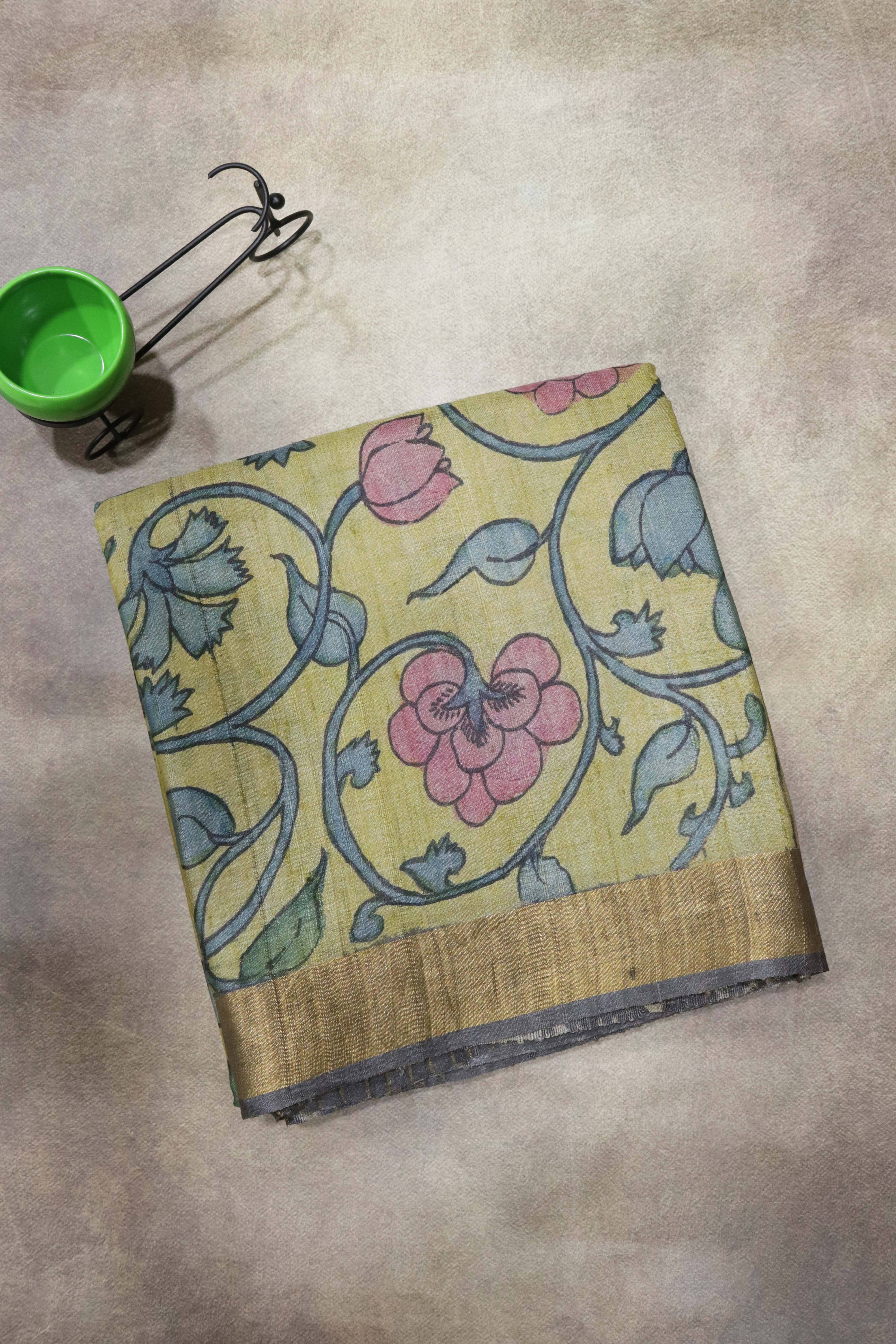 Beige Kalamkari Tussar Silk Saree