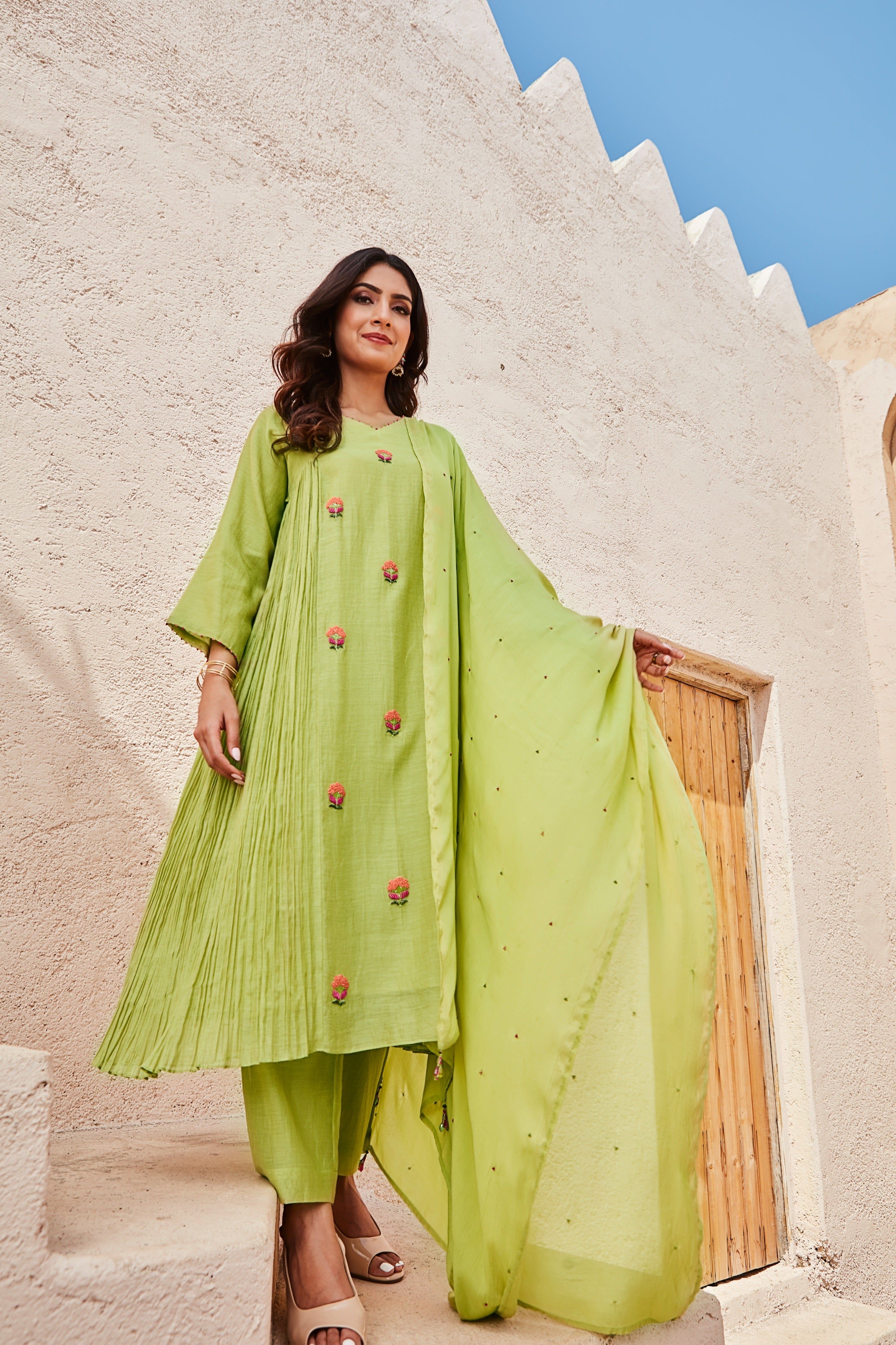 Lime Green Embroidered Cotton Kurta Set Mokshaa