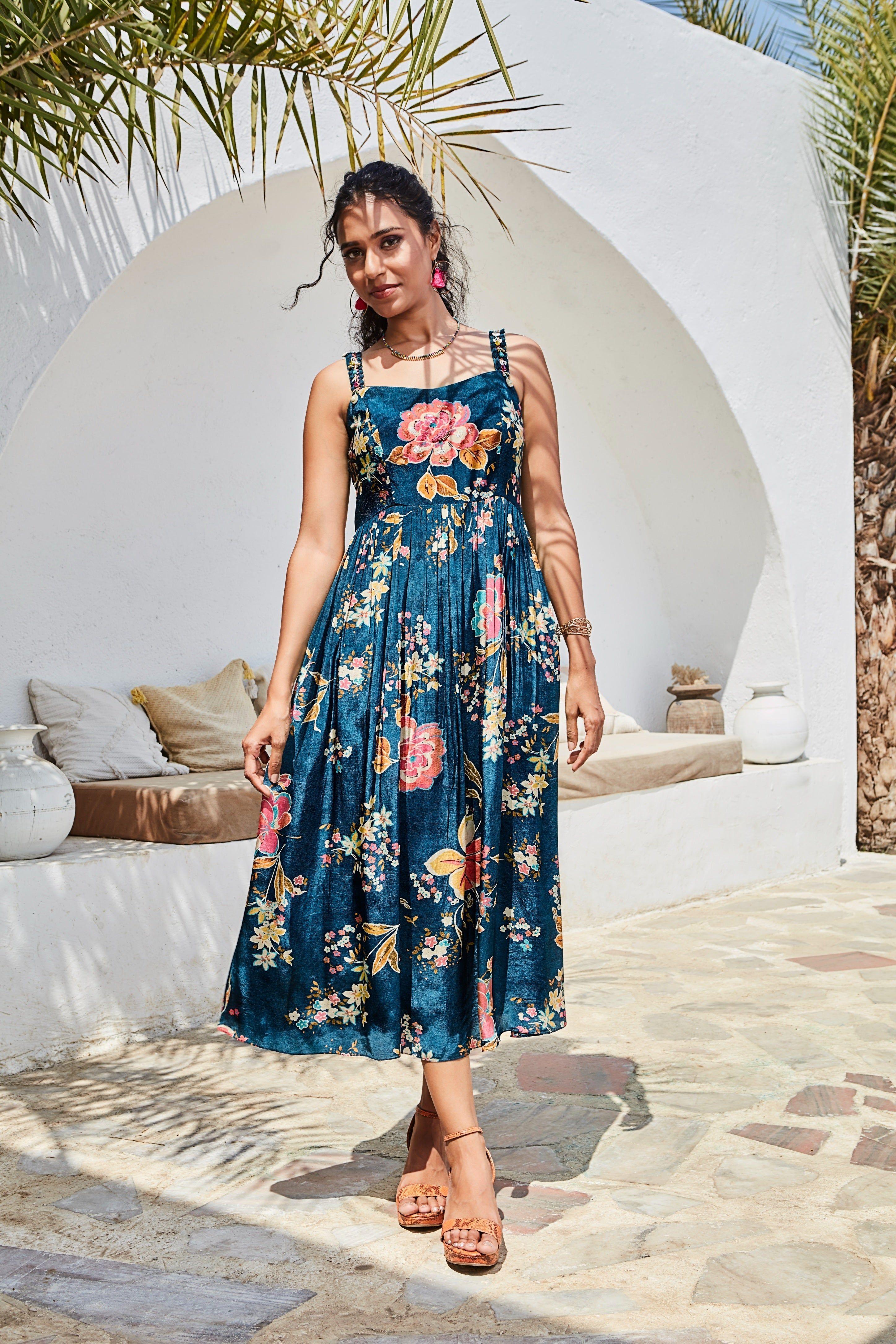 S Teal Blue Floral Printed Strappy Dress