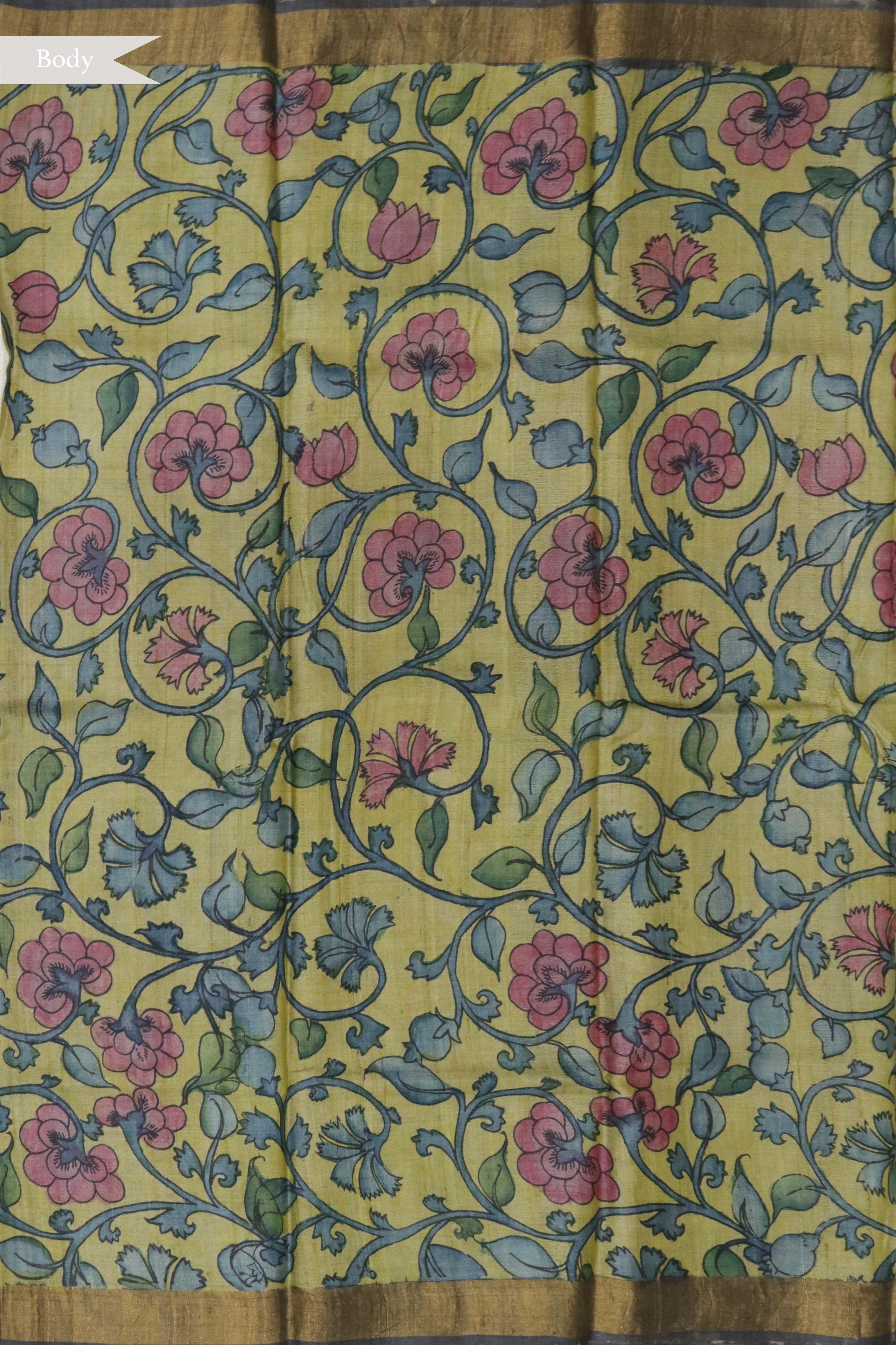 Beige Kalamkari Tussar Silk Saree