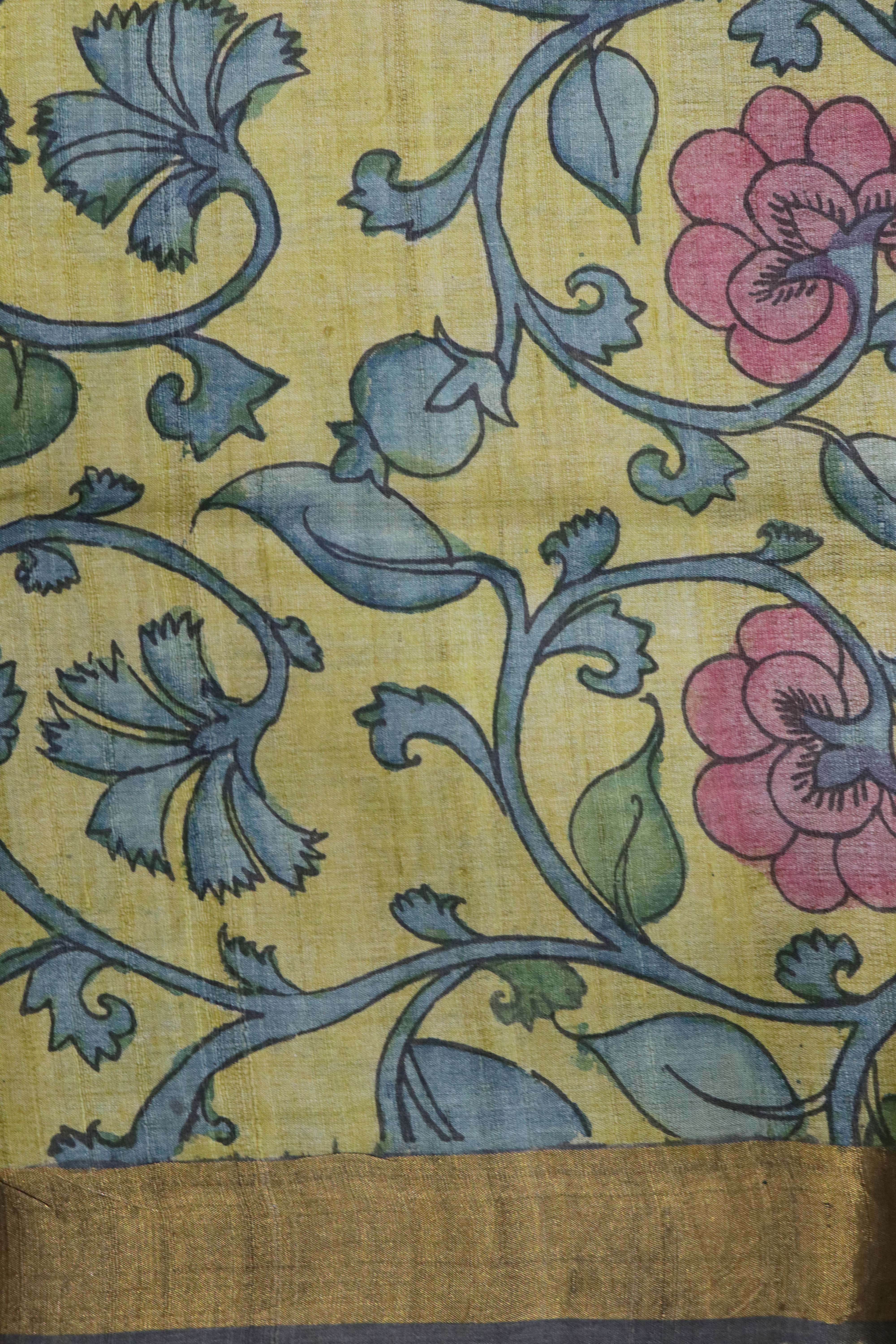 Beige Kalamkari Tussar Silk Saree