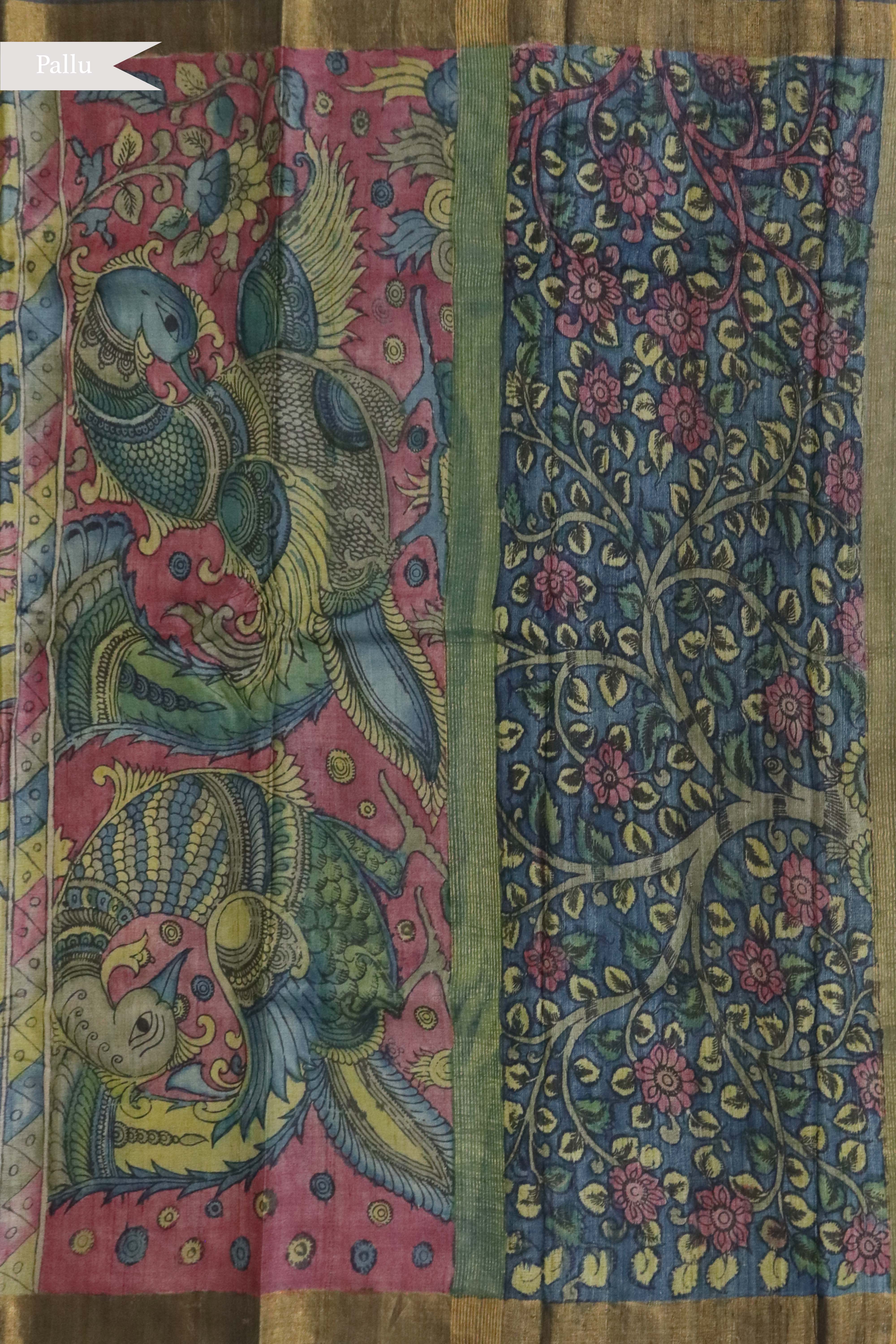 Beige Kalamkari Tussar Silk Saree