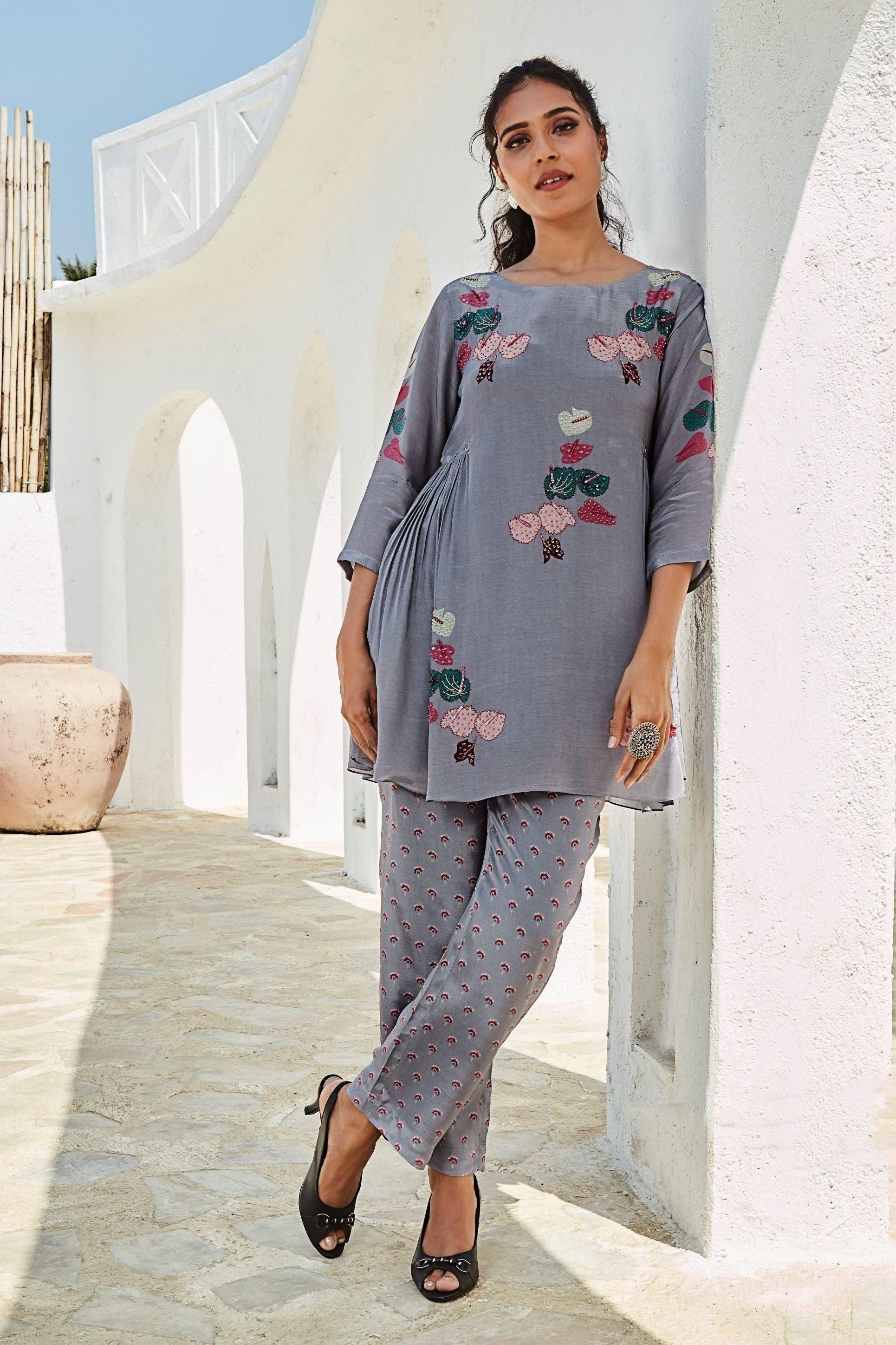 Grey Printed Co-ord Set with Pleated Detail  Mokshaa