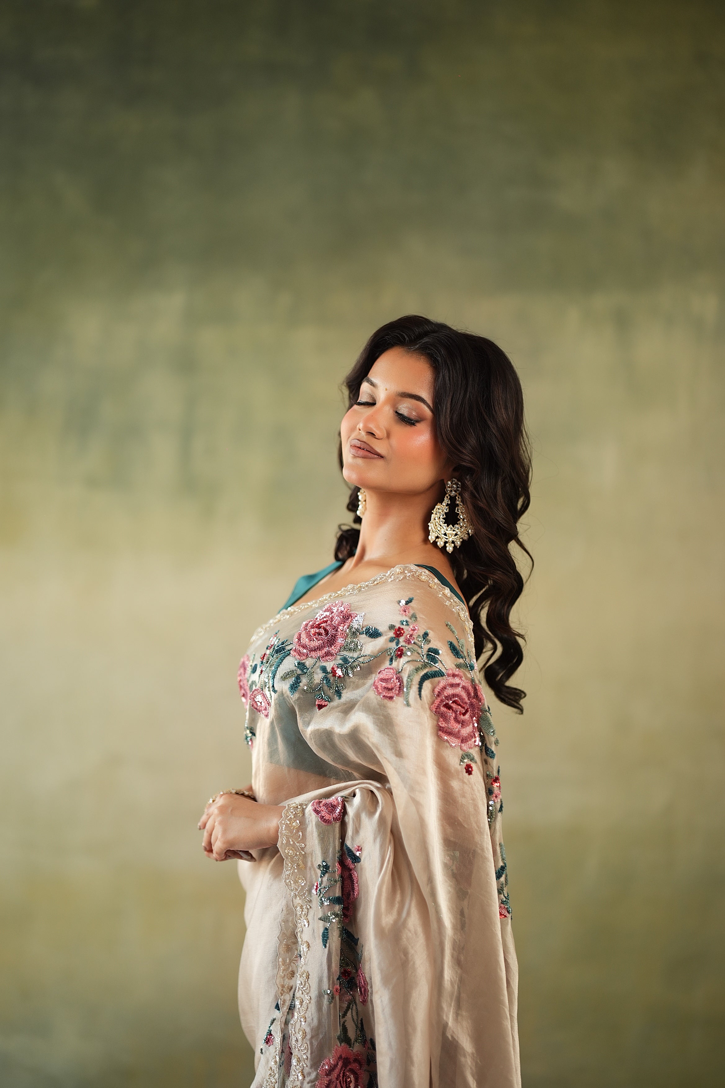 Rose Gold Tissue Organza Saree with Floral Sequin Border - Mokshaa