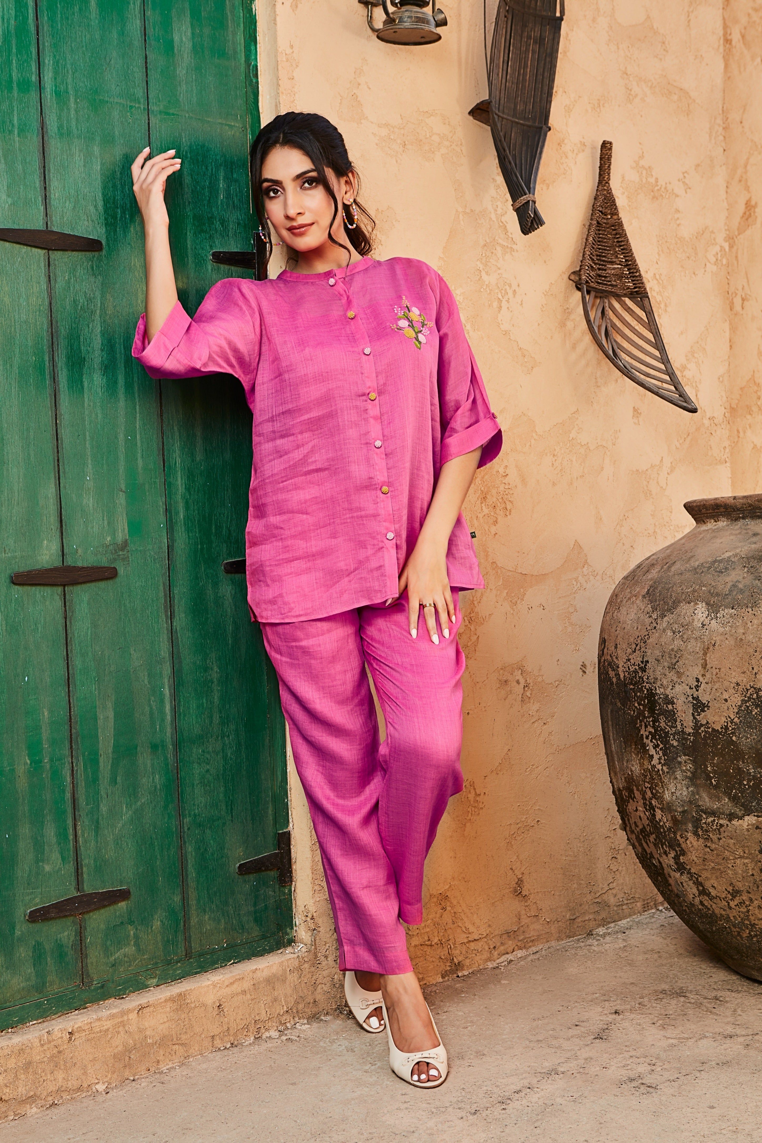 Magenta Linen Co-ord Set with Delicate Floral Motif Mokshaa