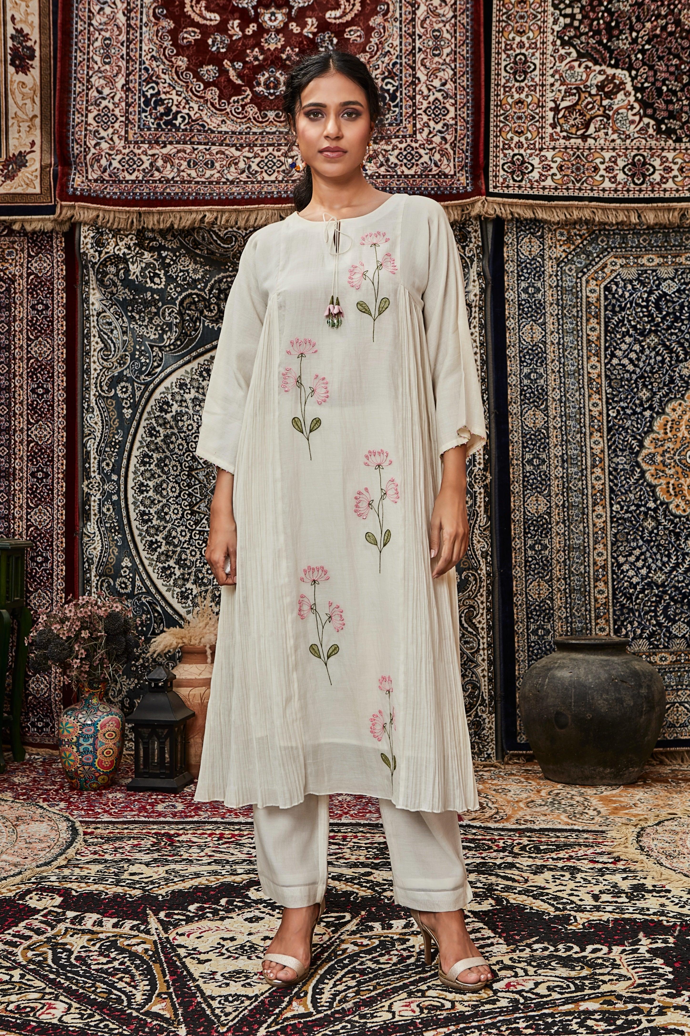 Ivory Embroidered Cotton Kurta Set Mokshaa