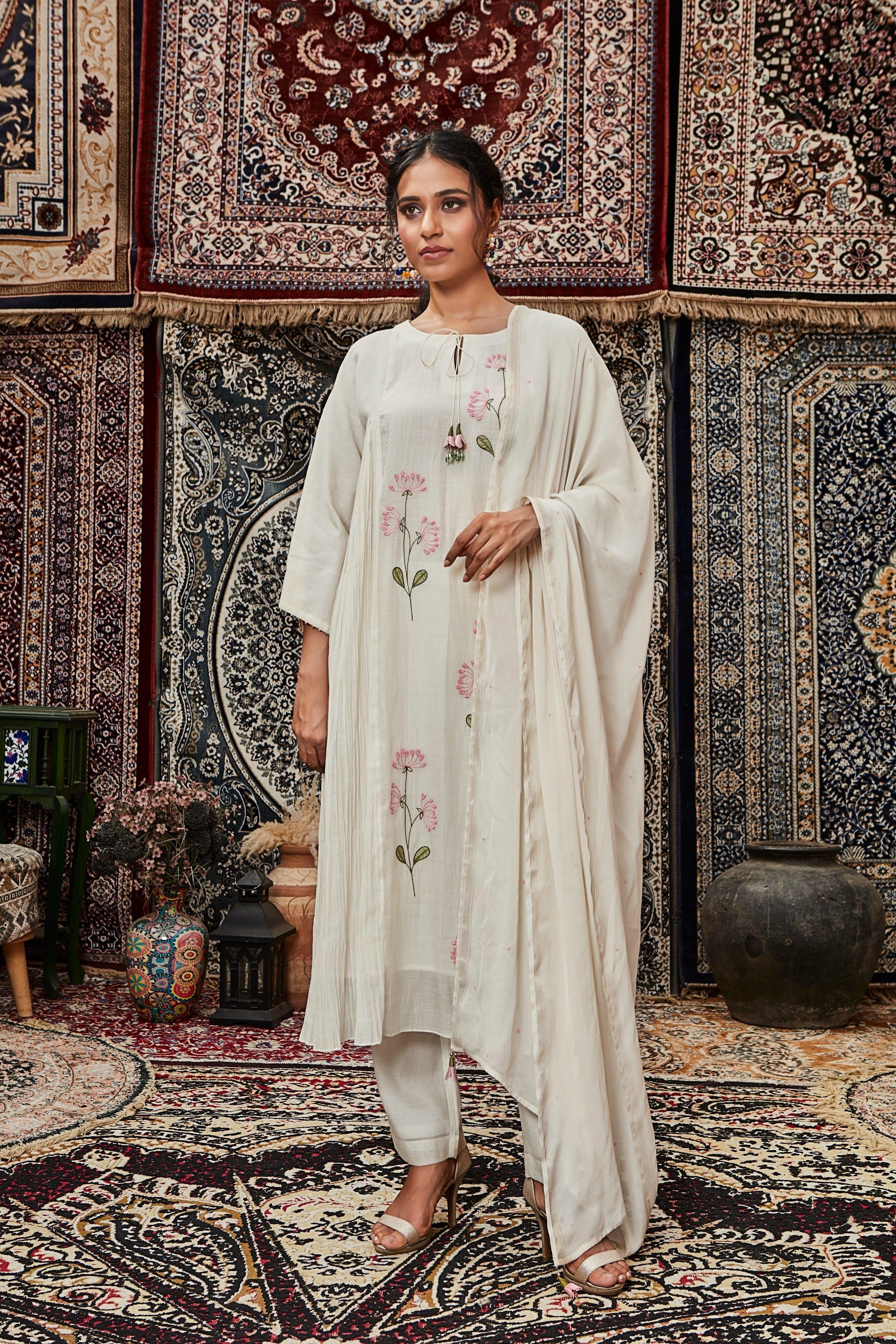 Ivory Embroidered Cotton Kurta Set Mokshaa