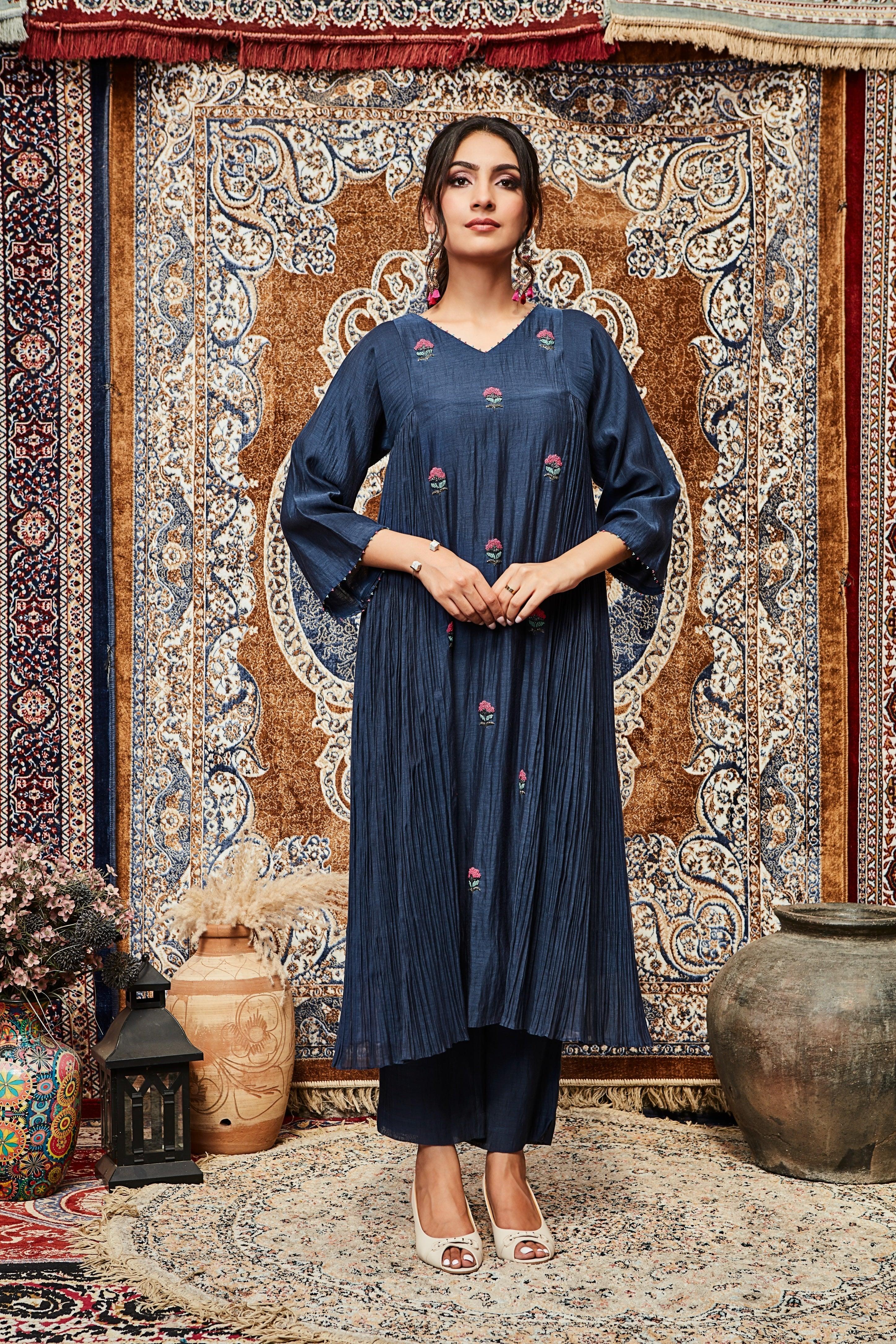 Navy Blue Embroidered Cotton Kurta Set Mokshaa