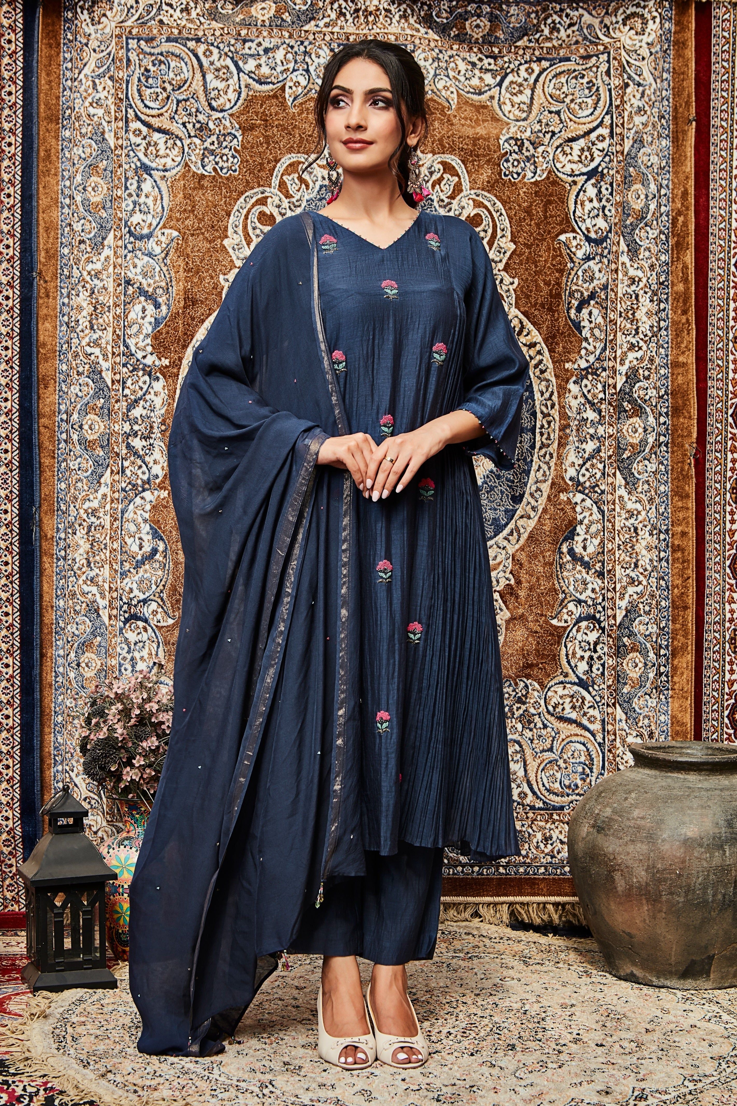 Navy Blue Embroidered Cotton Kurta Set Mokshaa