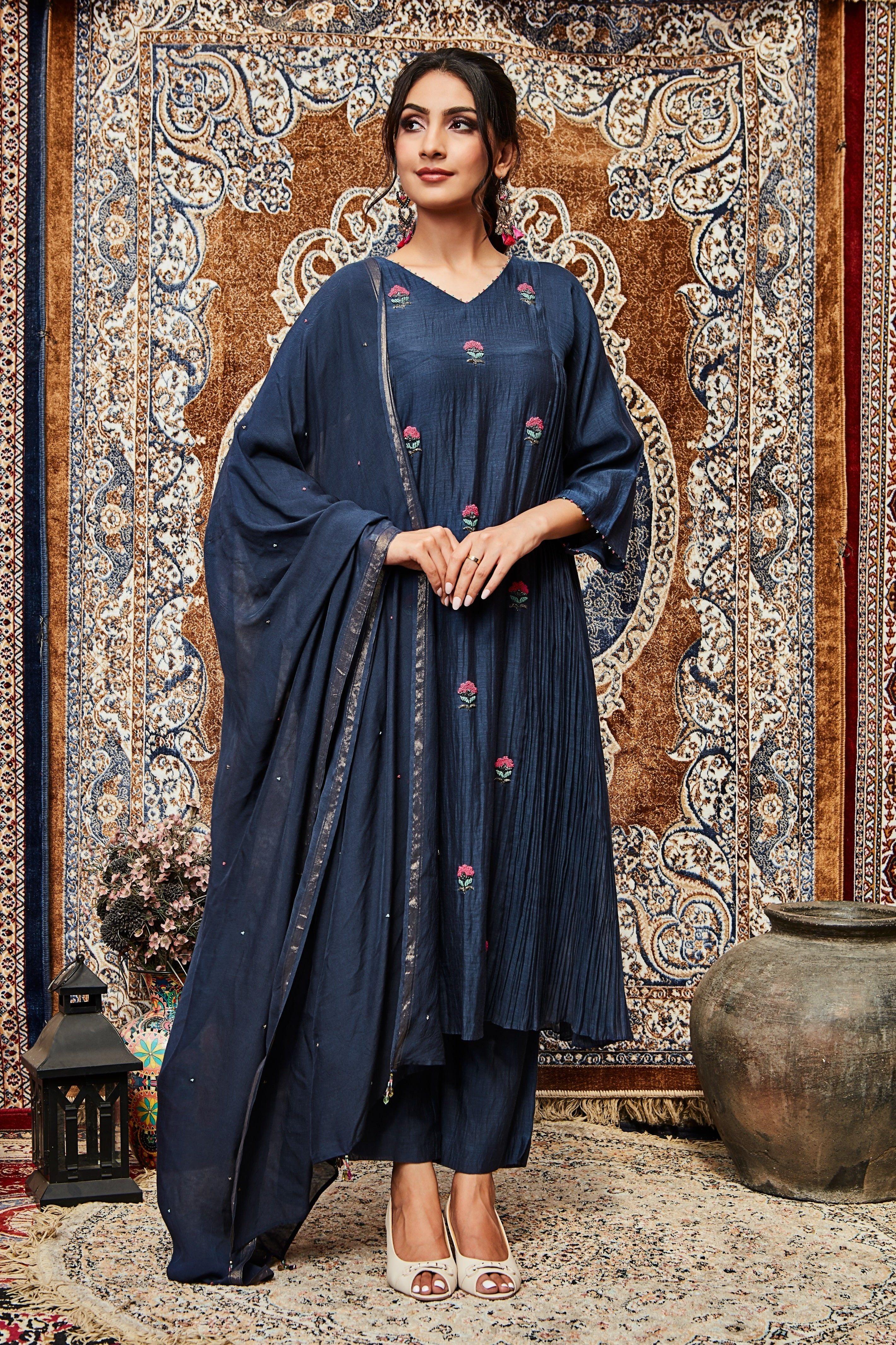 Navy Blue Embroidered Cotton Kurta Set Mokshaa