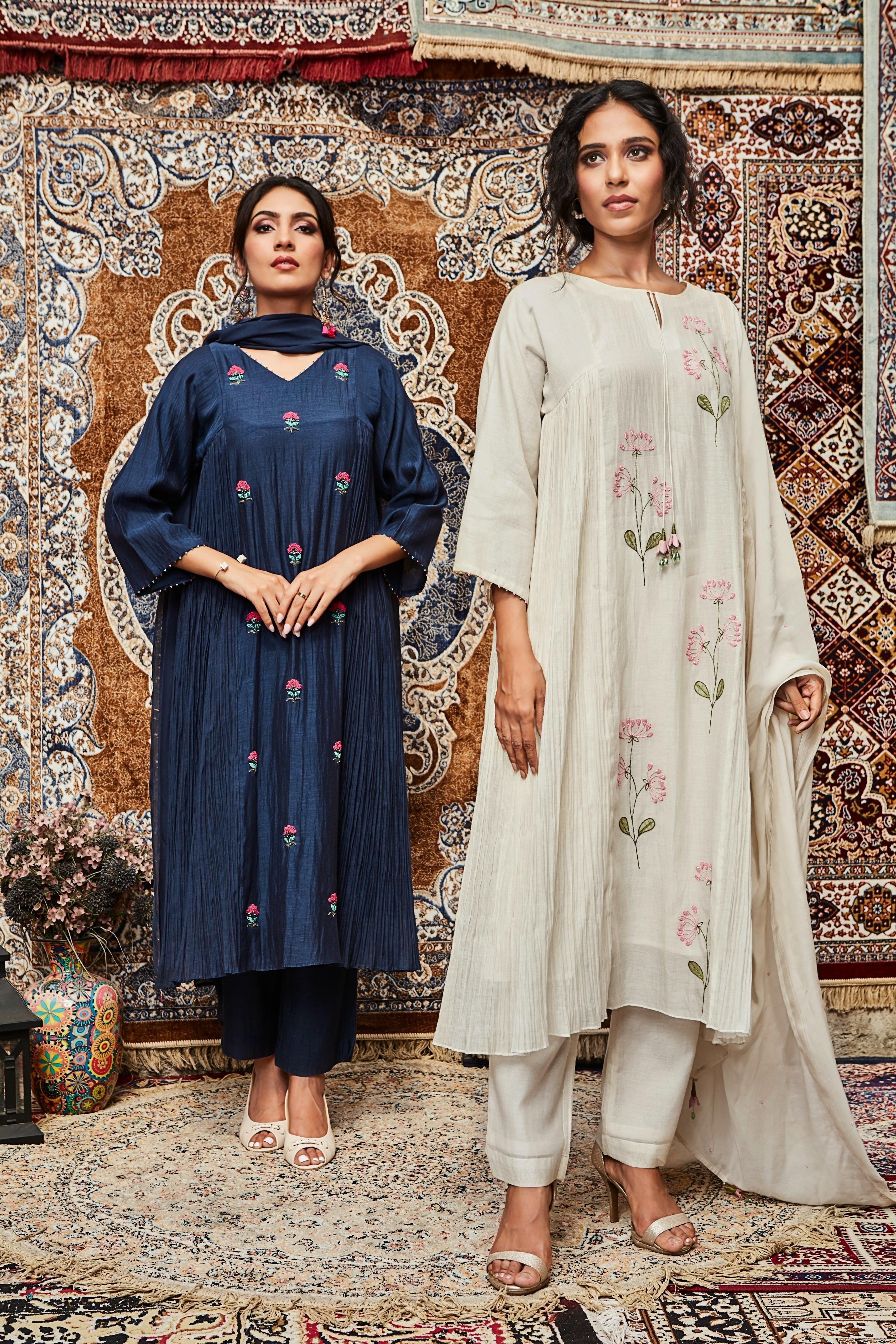 Ivory Embroidered Cotton Kurta Set Mokshaa