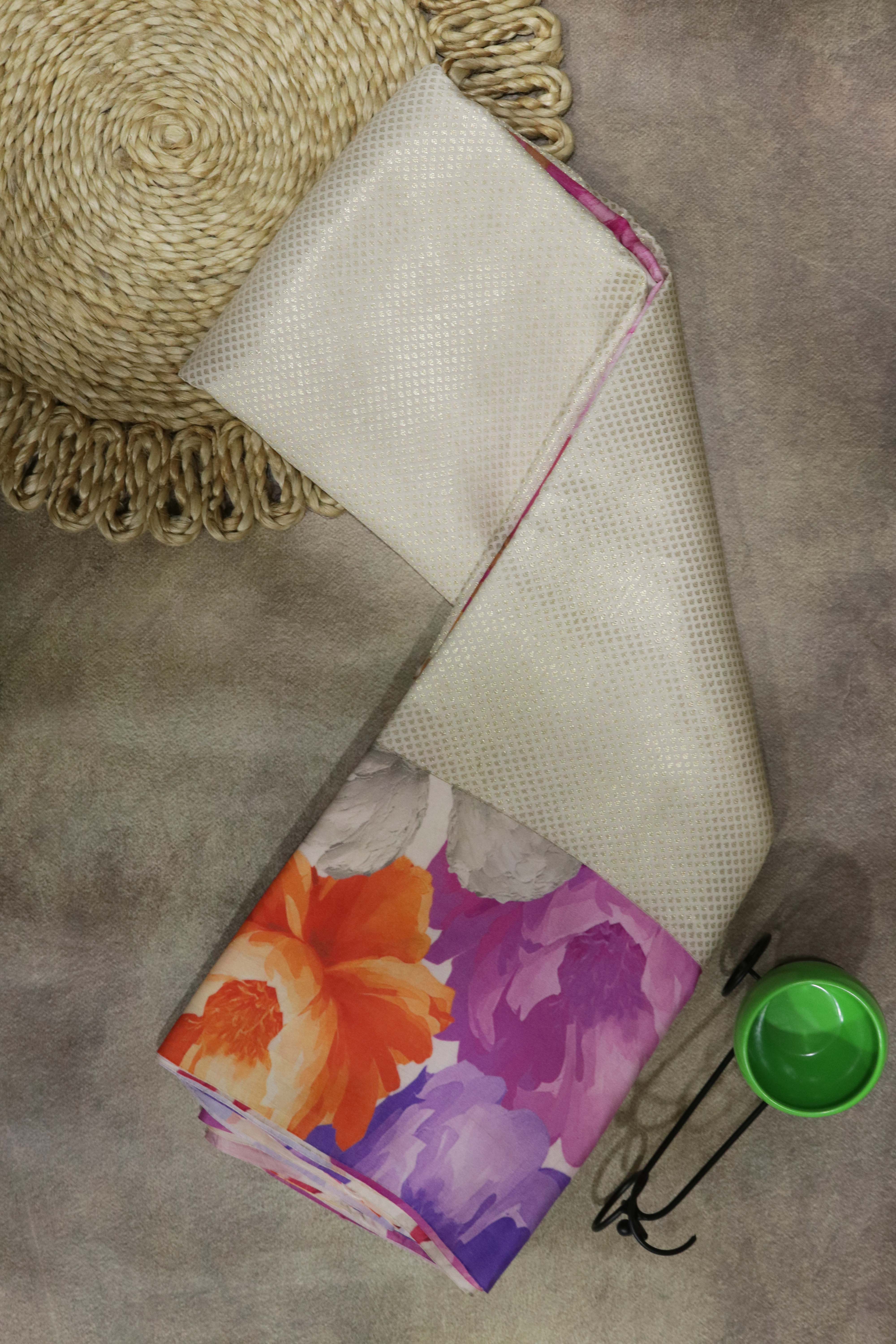 Ivory Zari Silk Saree with Floral Print