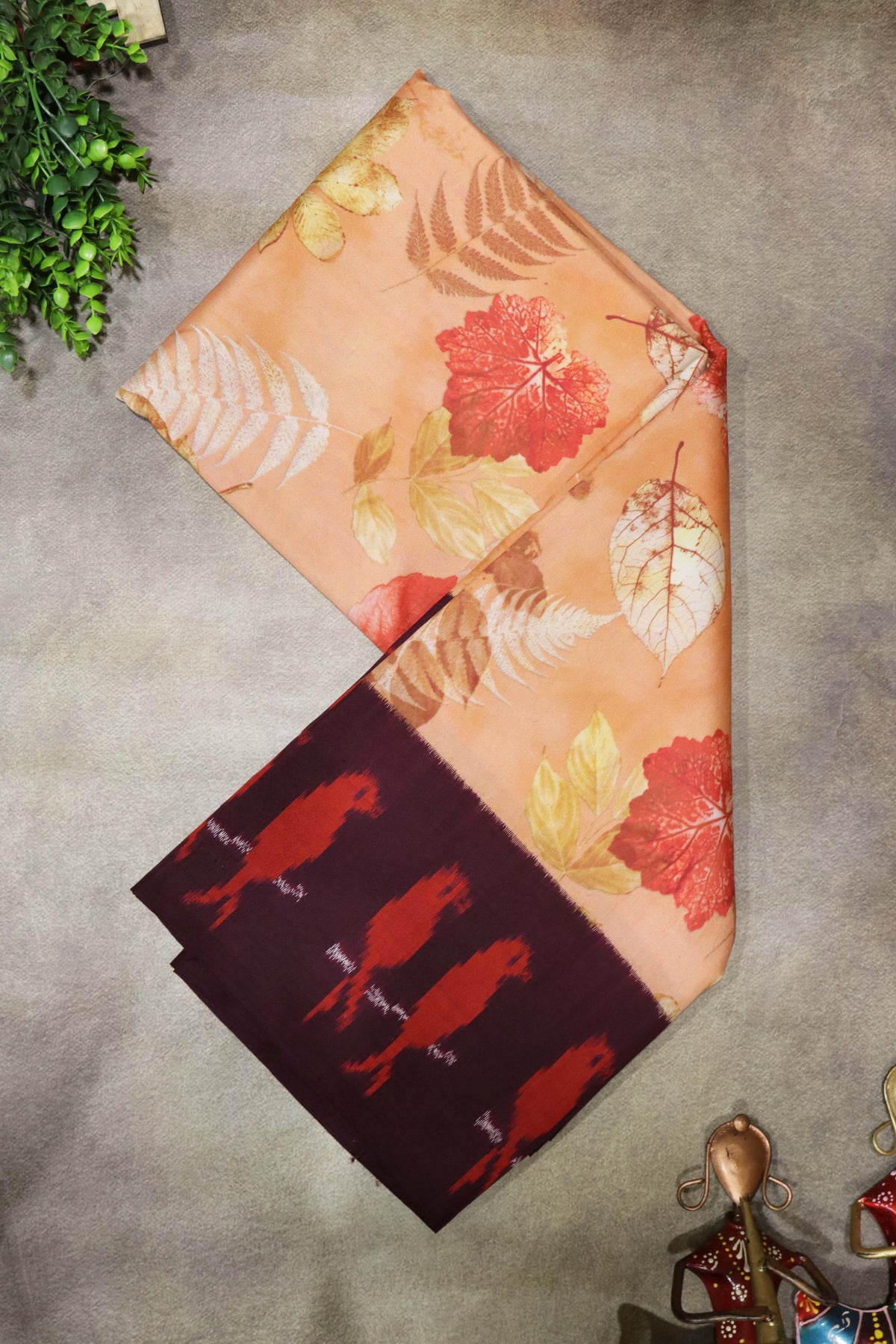 Orange Printed Silk Saree with Ikat Border