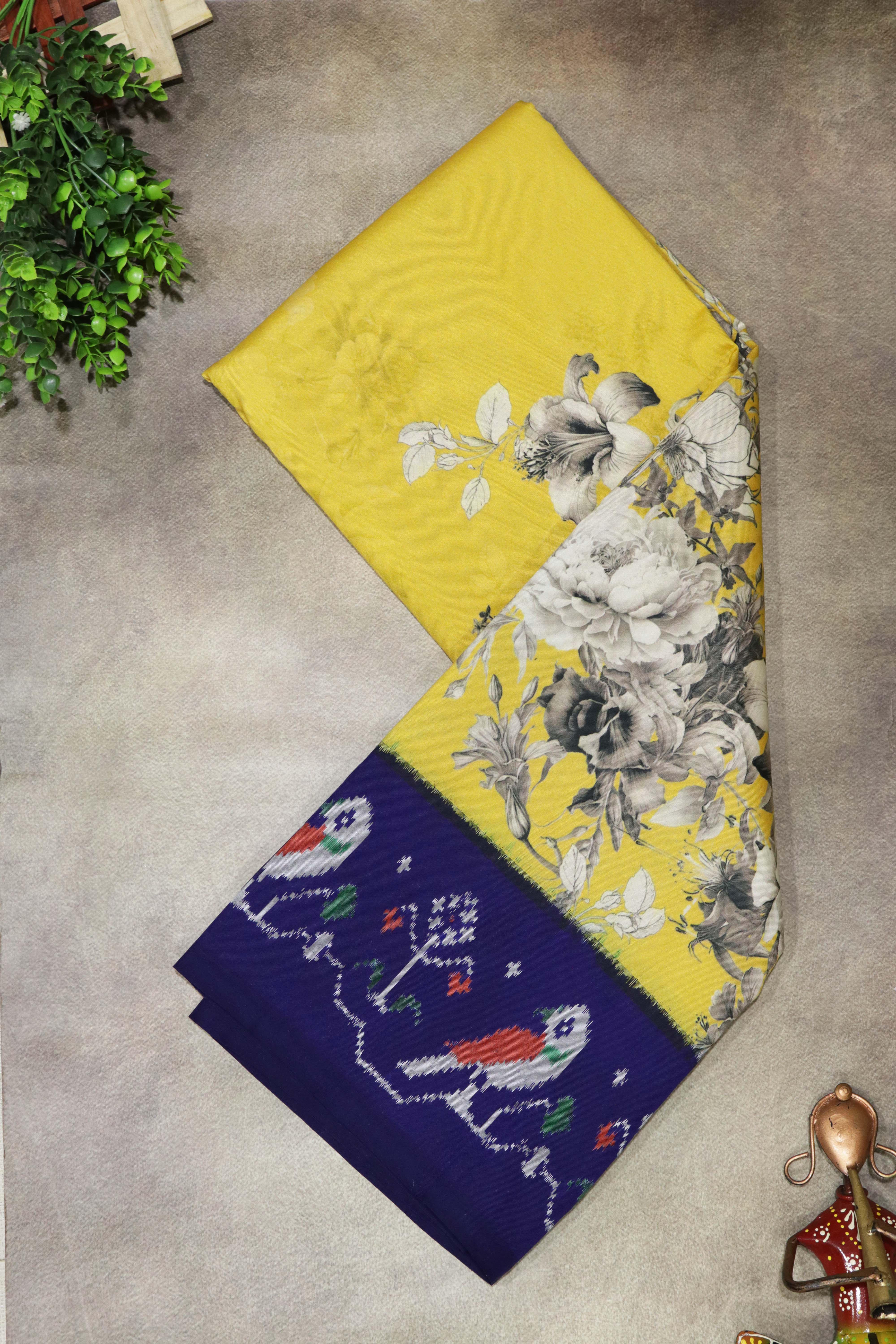 Yellow Printed Silk Saree with Ikat Border
