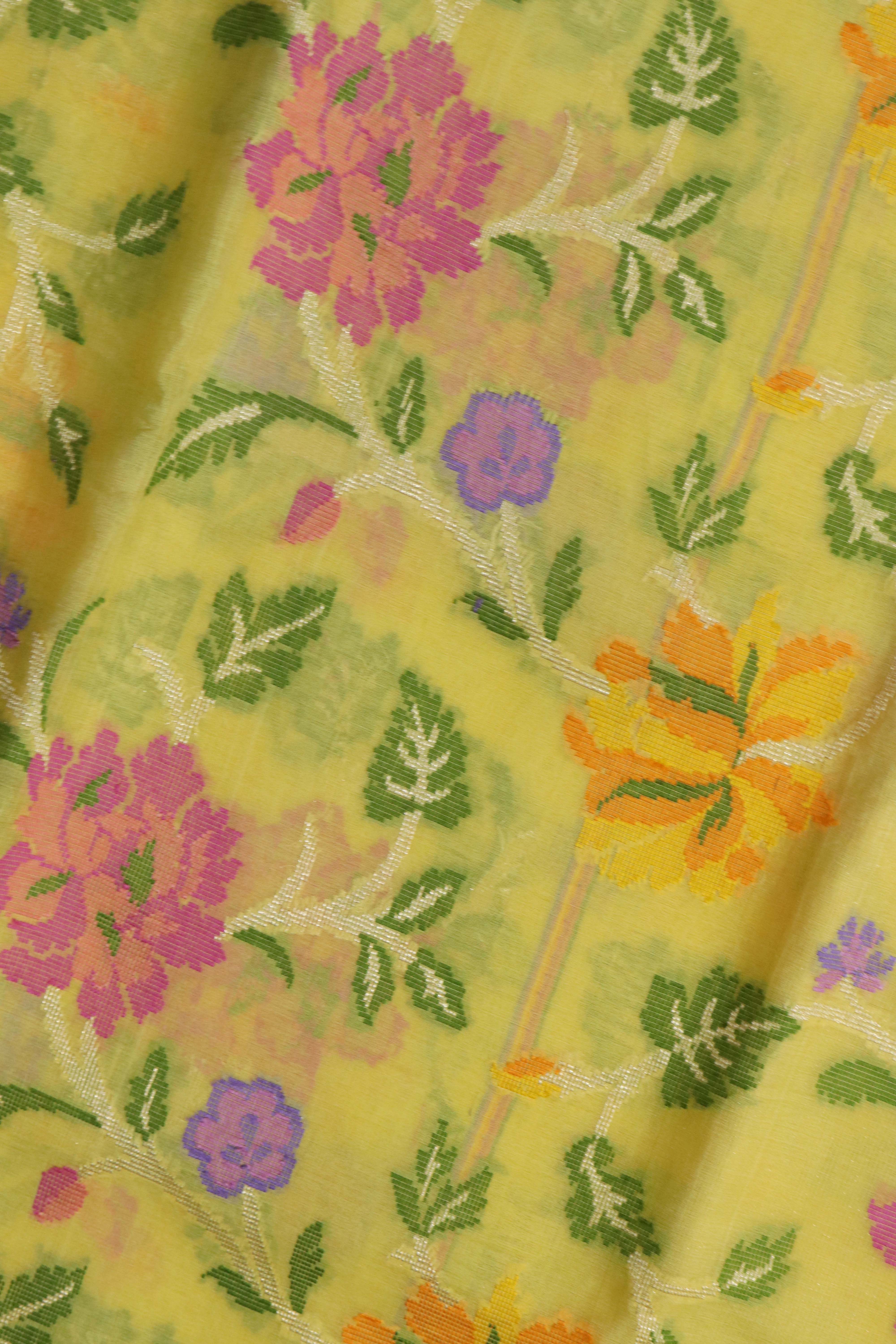 Yellow Banarasi Kora Silk Jamdani Saree