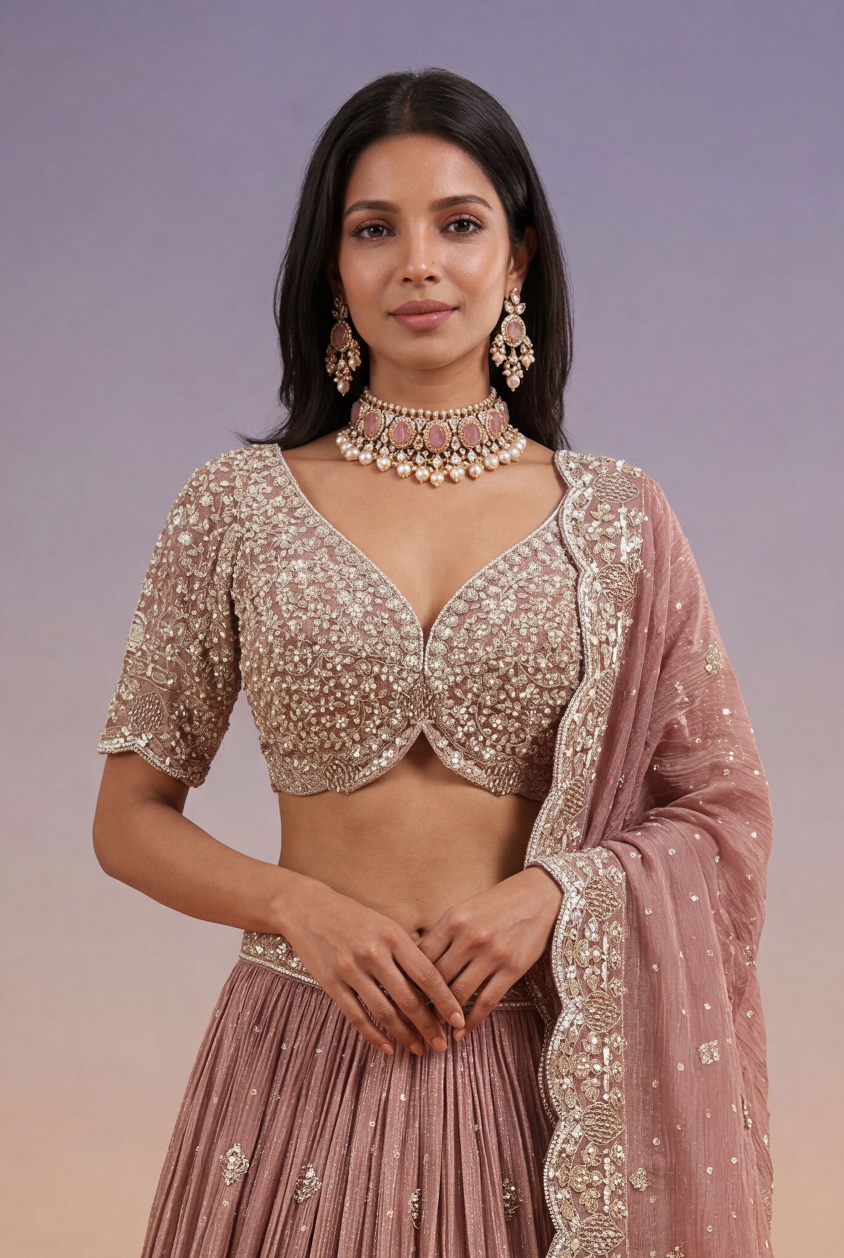 Dusty Rose Tissue Lehenga with Sequin, Kutdana & Pearl Embroidery