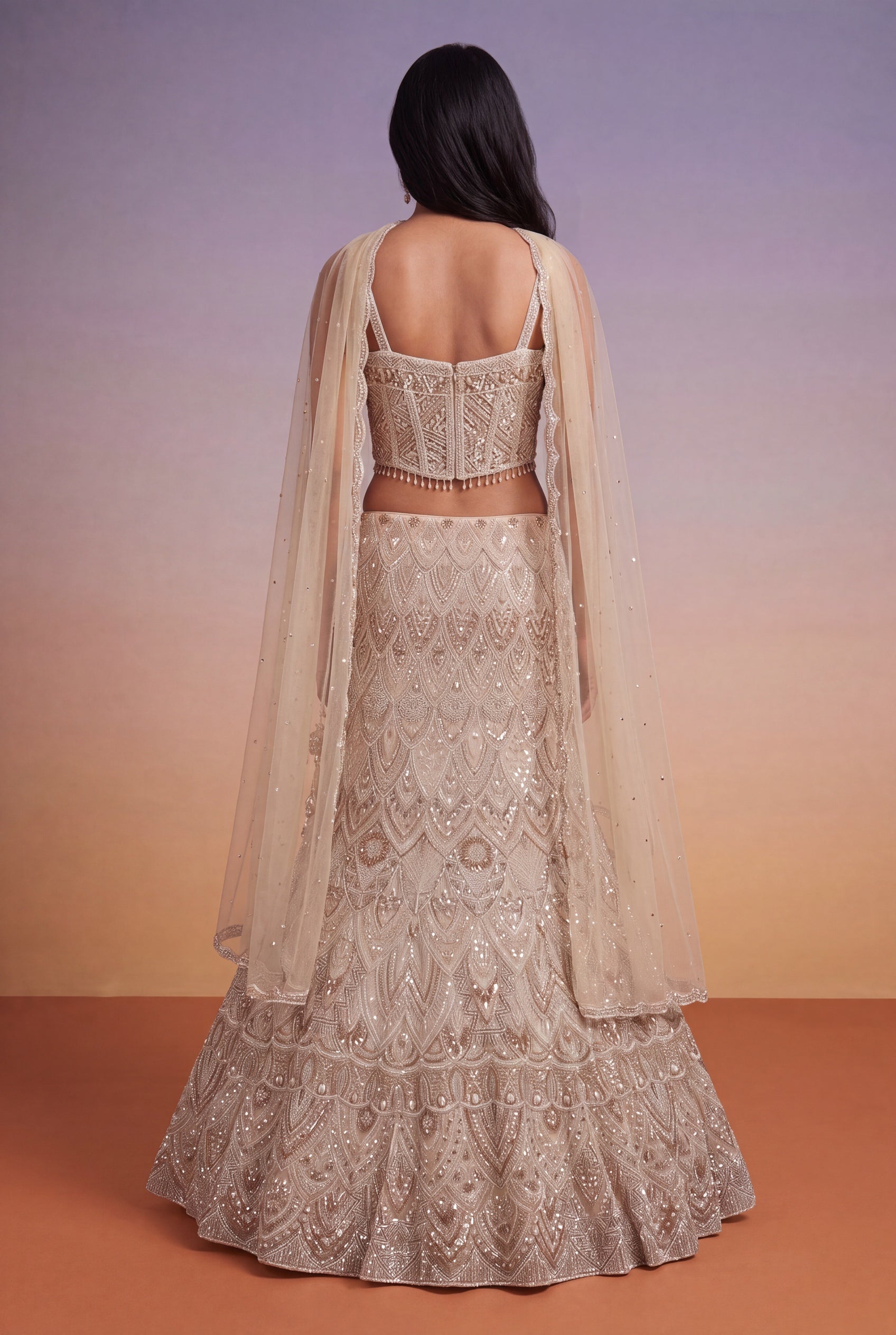 Champagne Net Lehenga with Corset Blouse and Sequin-Kutdana Embroidery