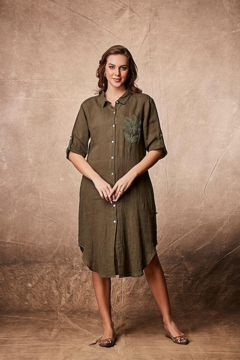 Olive Green Button-Down Shirt Dress Mokshaa