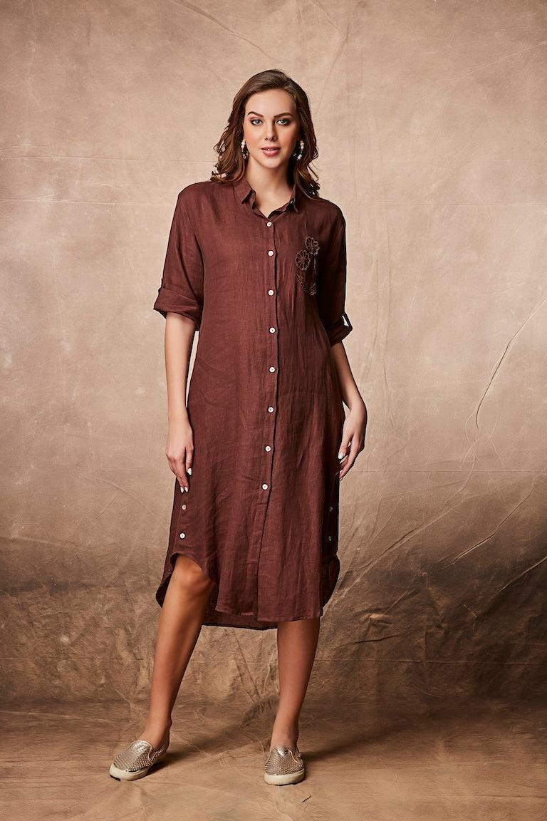 Elegant Brown Button-Down Shirt Dress Mokshaa