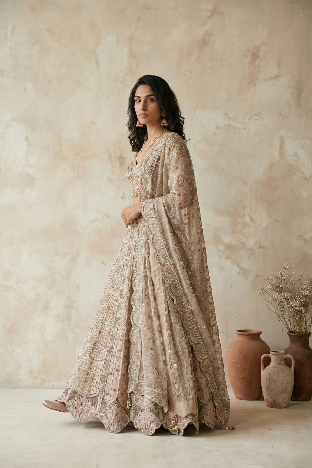 Blush Beige Embroidered Lehenga Set with Scalloped Dupatta