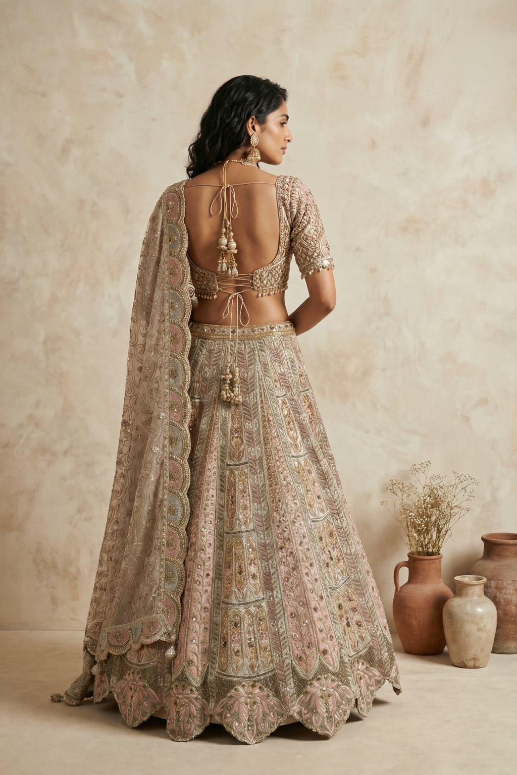 Blush Beige Embroidered Lehenga Set with Scalloped Dupatta