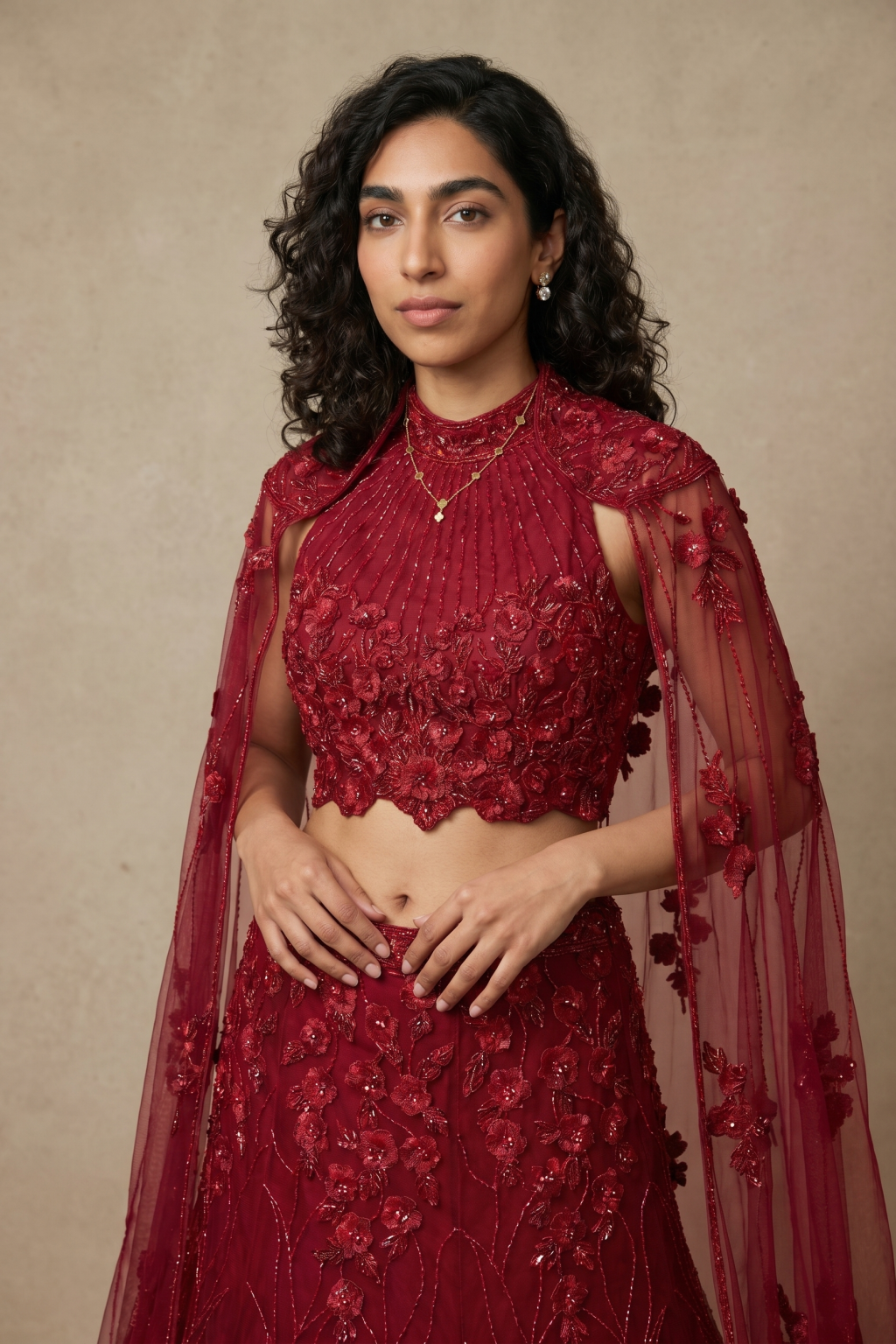 Maroon Net Fish Cut Lehenga with Cape