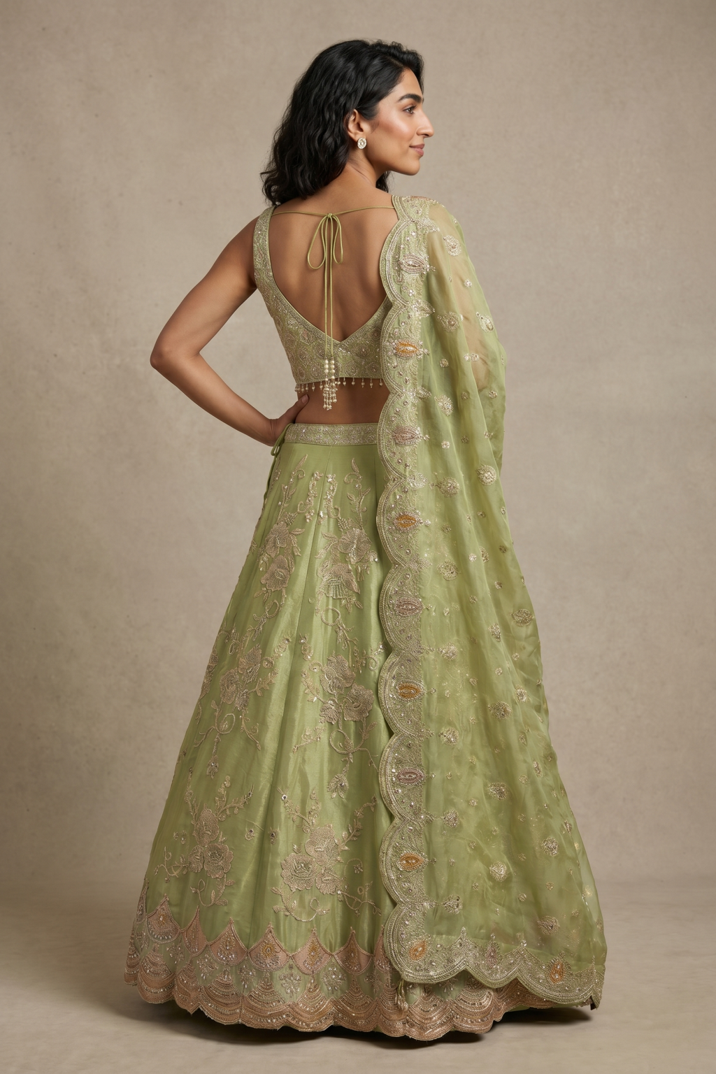 Pista Green Tissue Banarasi Lehenga