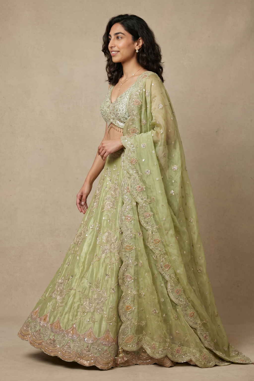 Pista Green Tissue Banarasi Lehenga