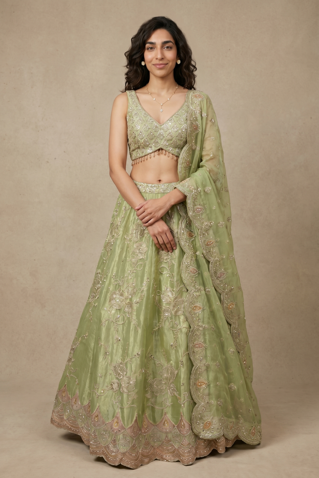Pista Green Tissue Banarasi Lehenga