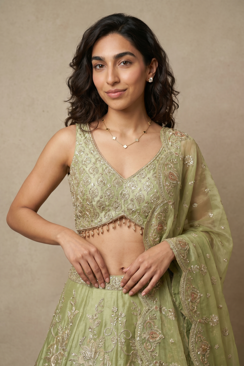 Pista Green Tissue Banarasi Lehenga
