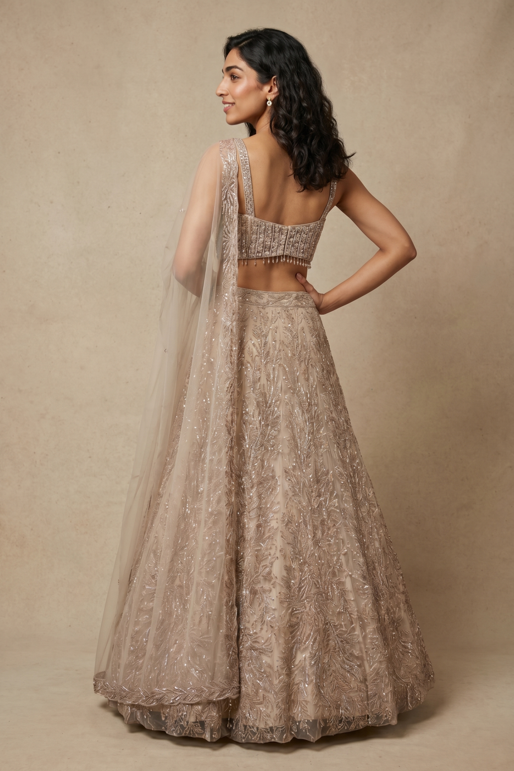 Champagne Net Embroidered Lehenga