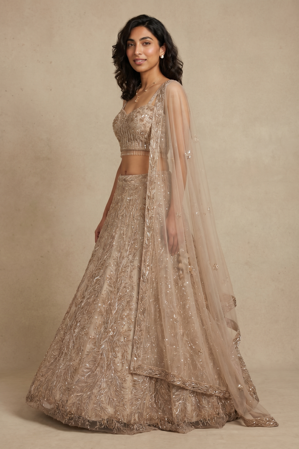 Champagne Net Embroidered Lehenga