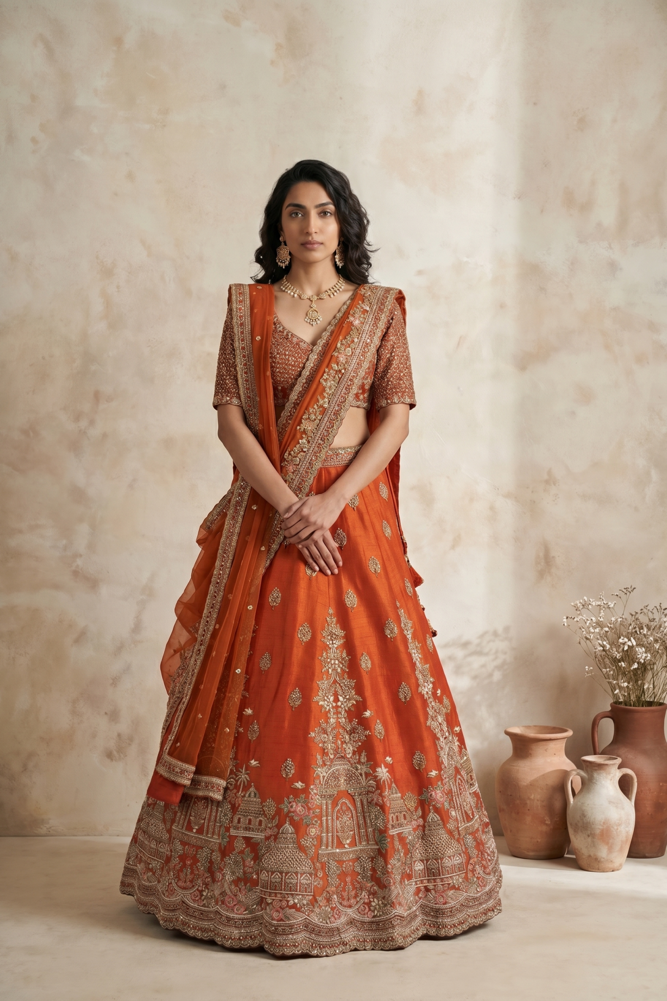 Rust Orange Raw Silk Lehenga