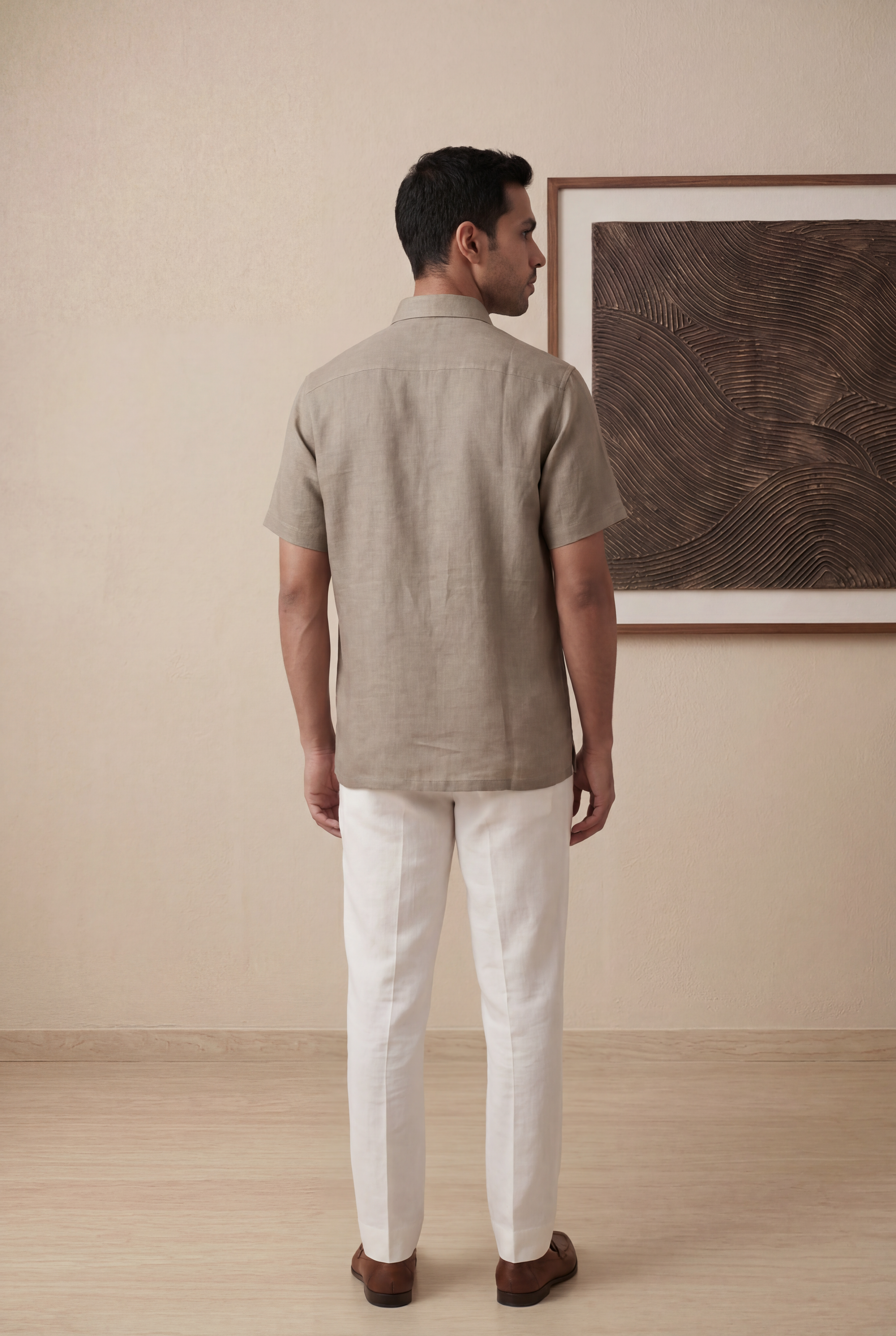 Dark Beige Linen Half Sleeve Shirt