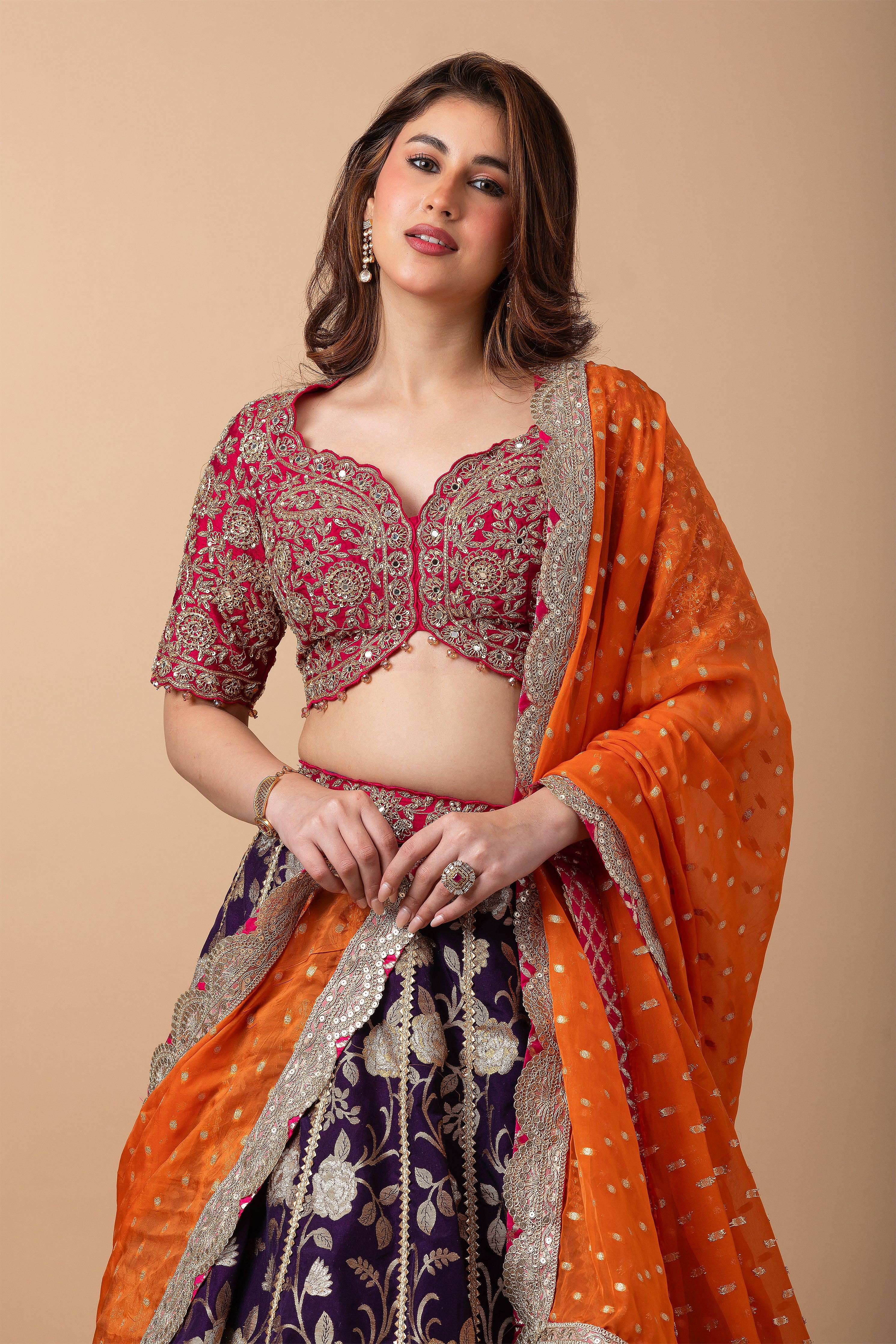 Royal Purple and Orange Embroidered Lehenga Set - Mokshaa