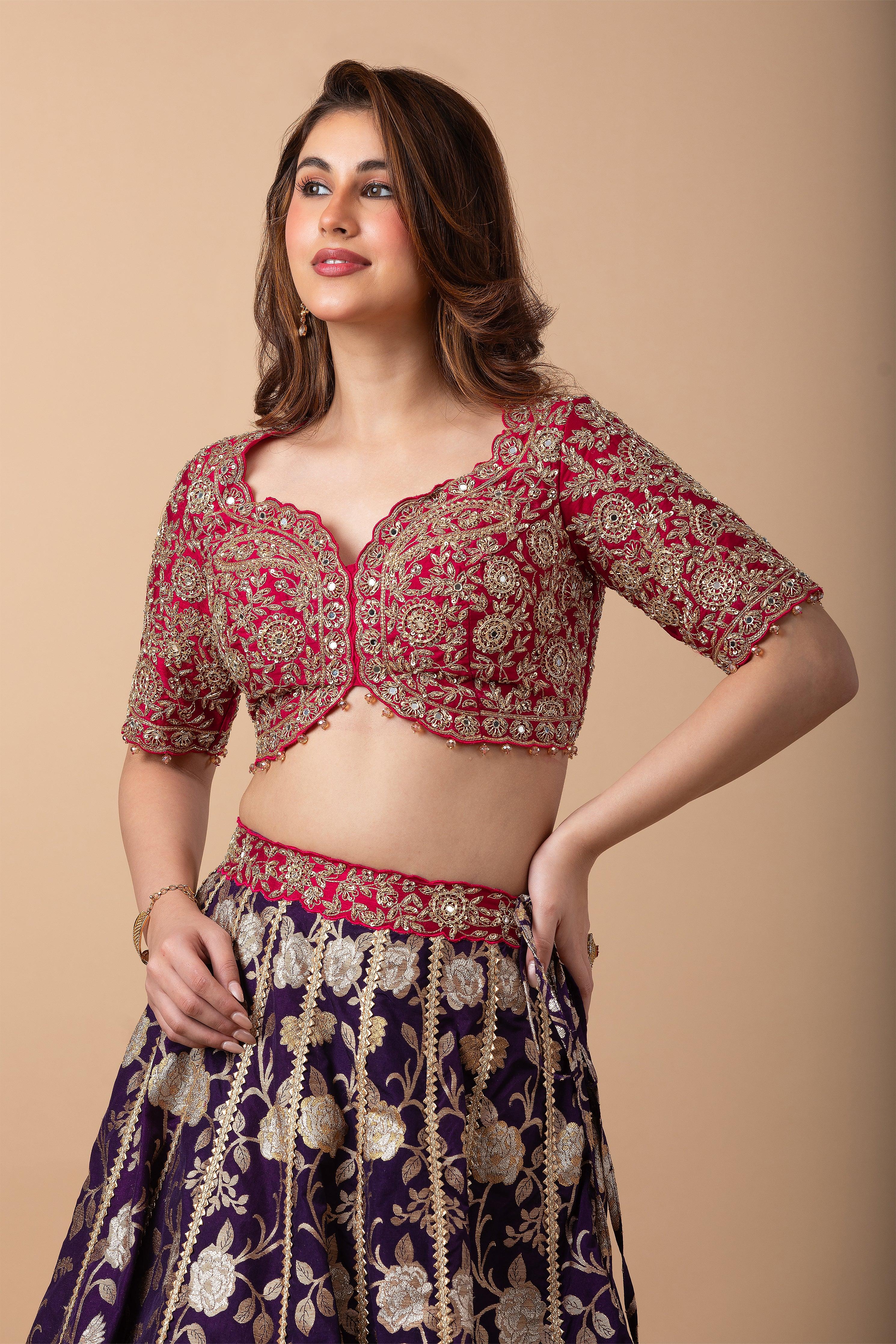 Royal Purple and Orange Embroidered Lehenga Set - Mokshaa