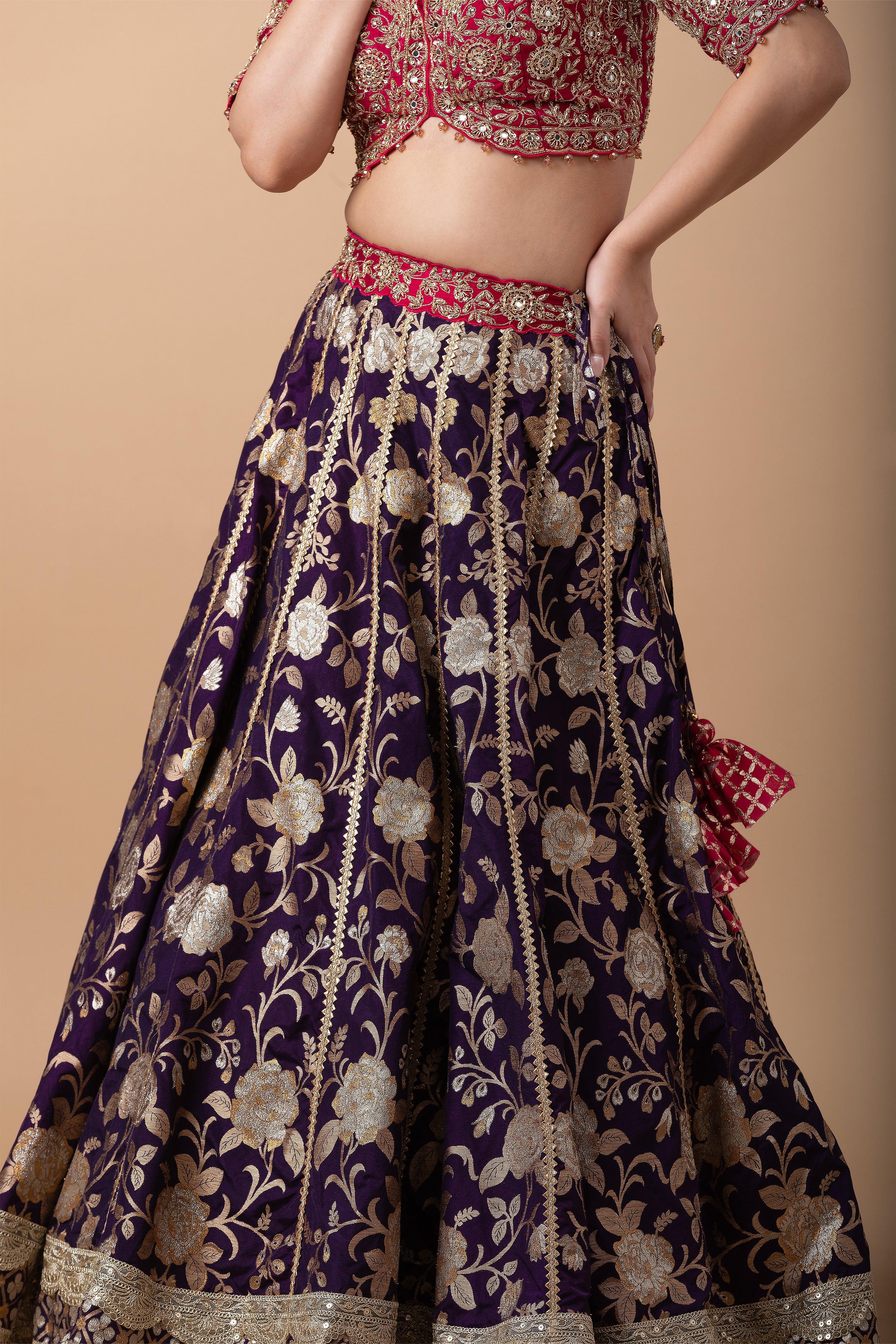 Royal Purple and Orange Embroidered Lehenga Set - Mokshaa