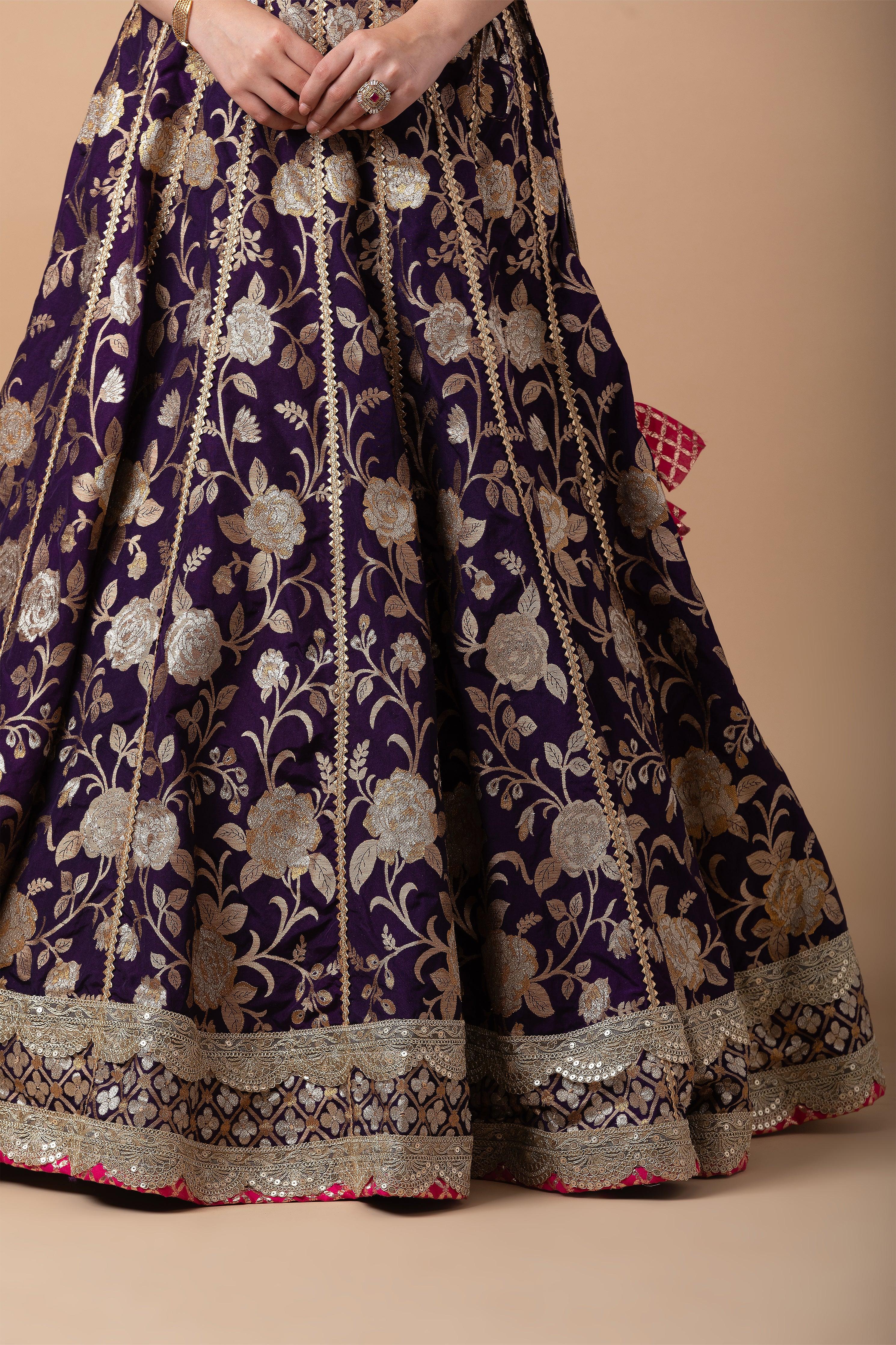 Royal Purple and Orange Embroidered Lehenga Set - Mokshaa