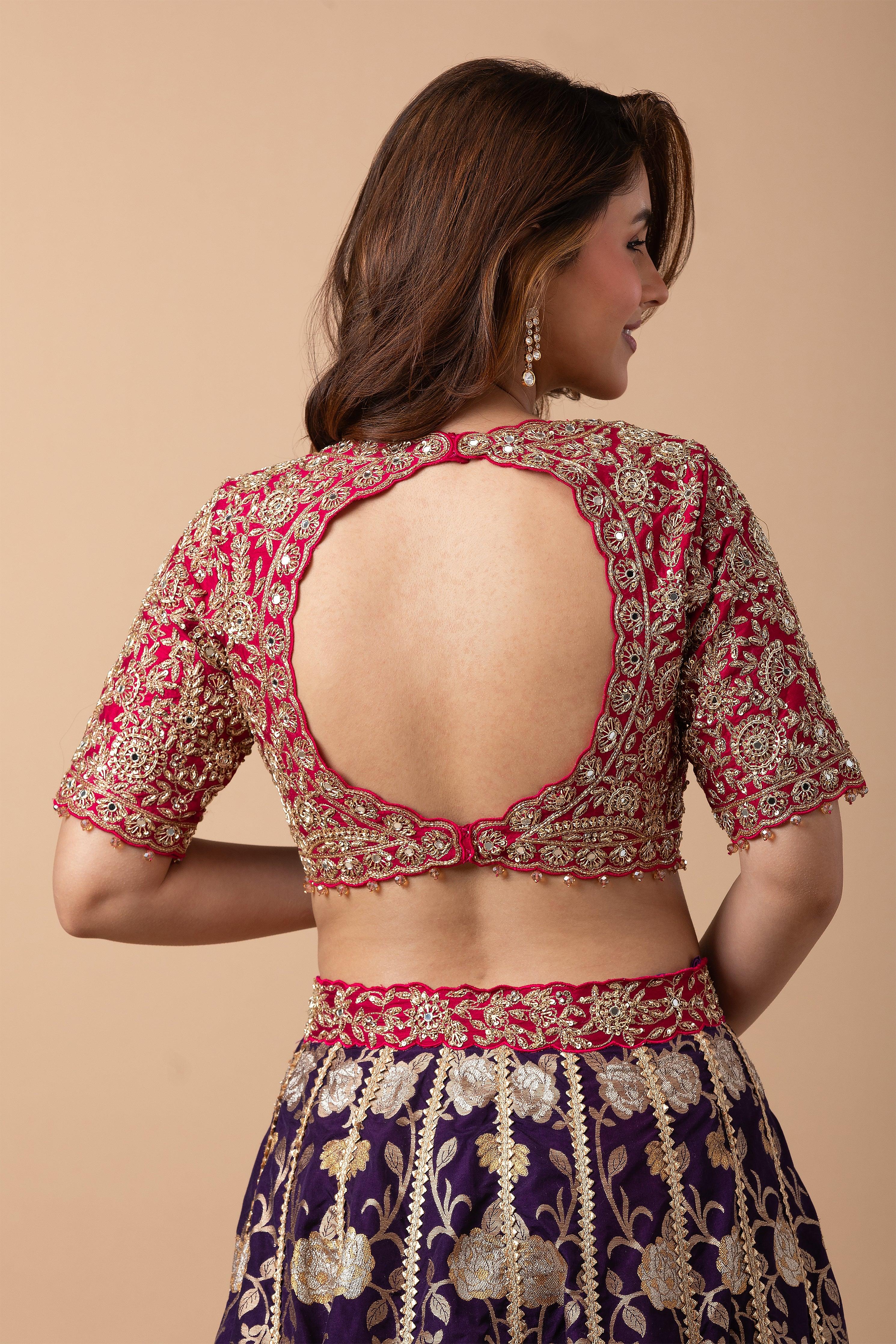Royal Purple and Orange Embroidered Lehenga Set - Mokshaa