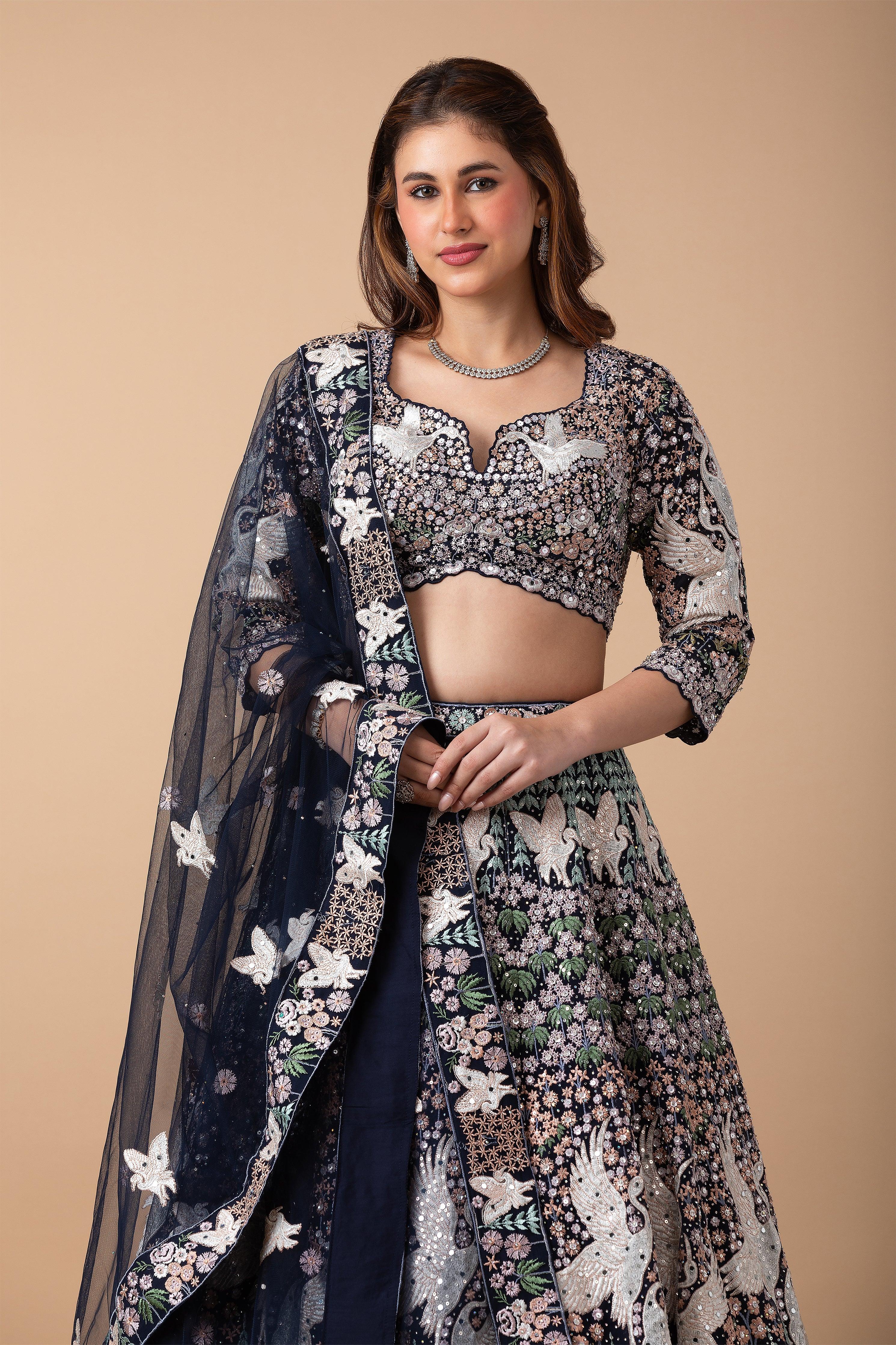 Navy Blue Embroidered Lehenga Set - Mokshaa