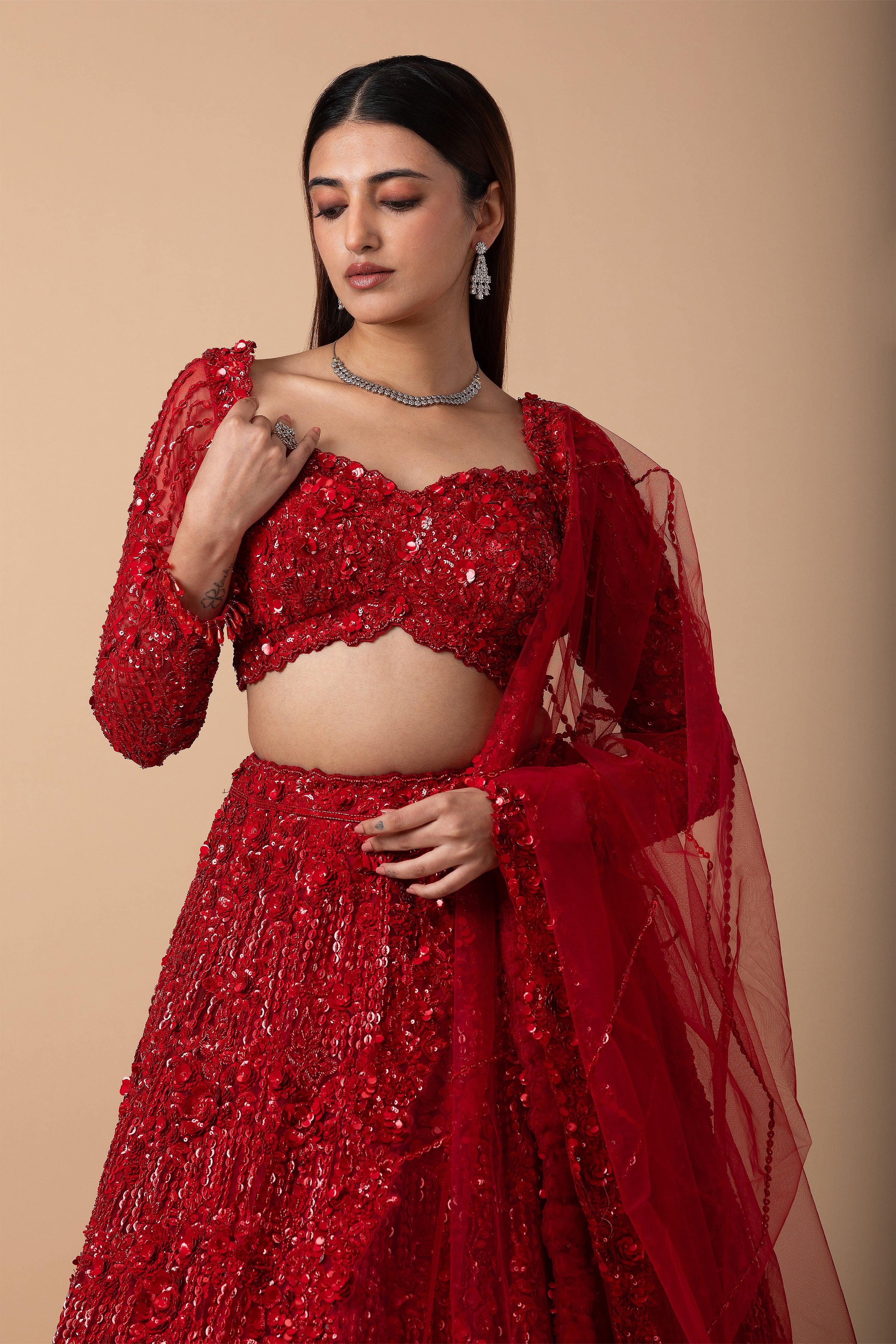 Scarlet Red Sequin Embroidered Lehenga Set - Mokshaa