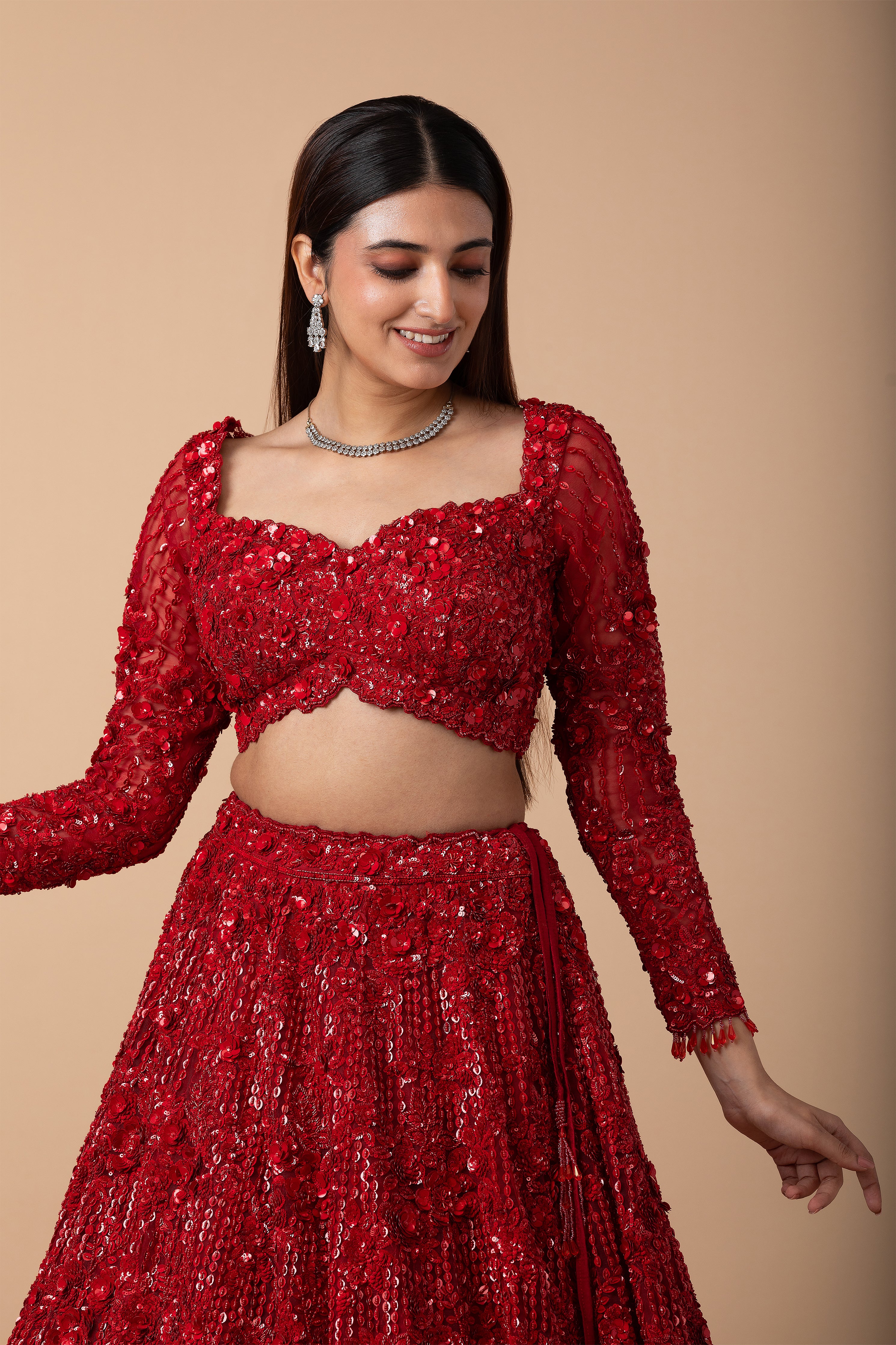 Scarlet Red Sequin Embroidered Lehenga Set - Mokshaa