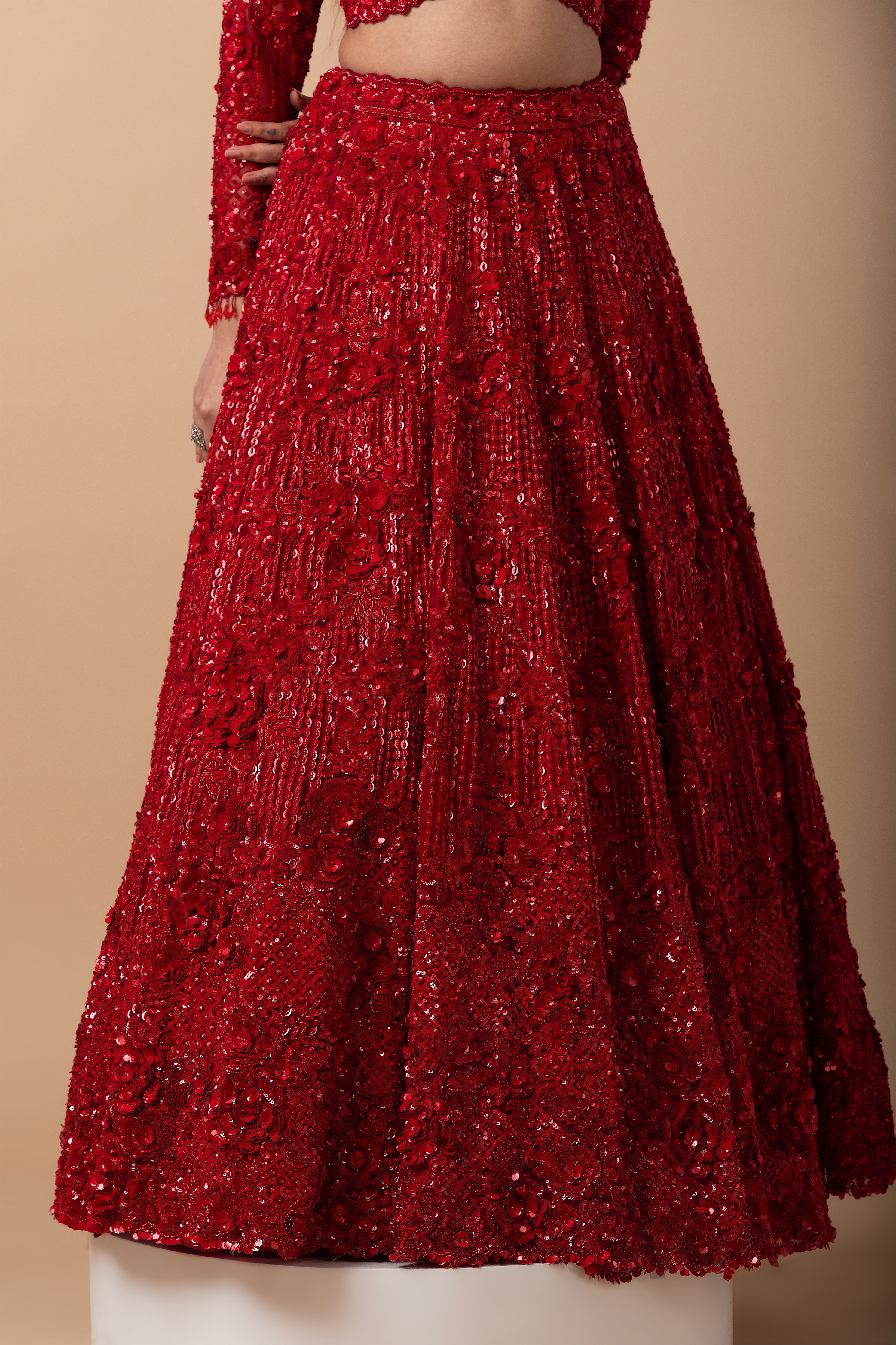 Scarlet Red Sequin Embroidered Lehenga Set - Mokshaa