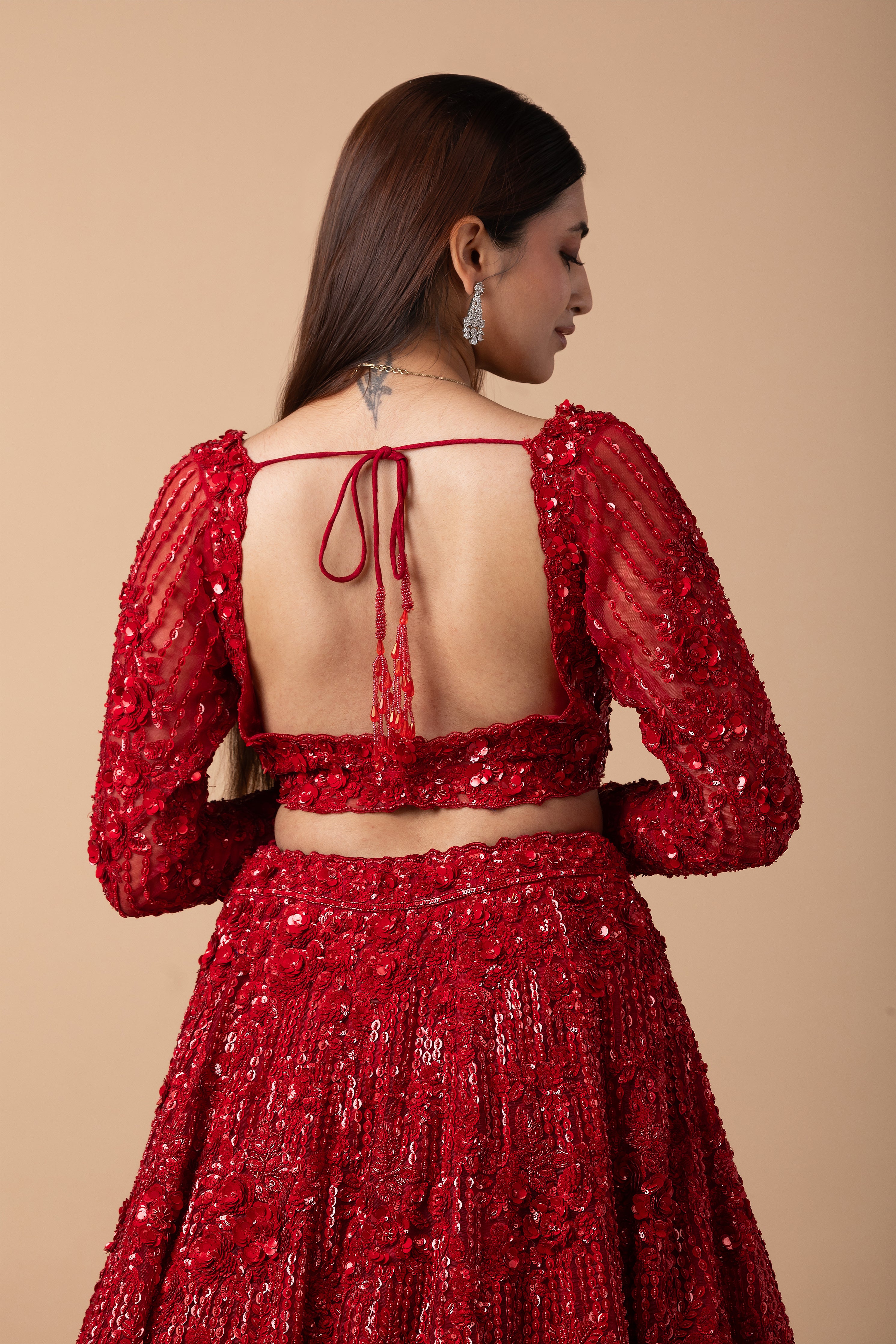 Scarlet Red Sequin Embroidered Lehenga Set - Mokshaa