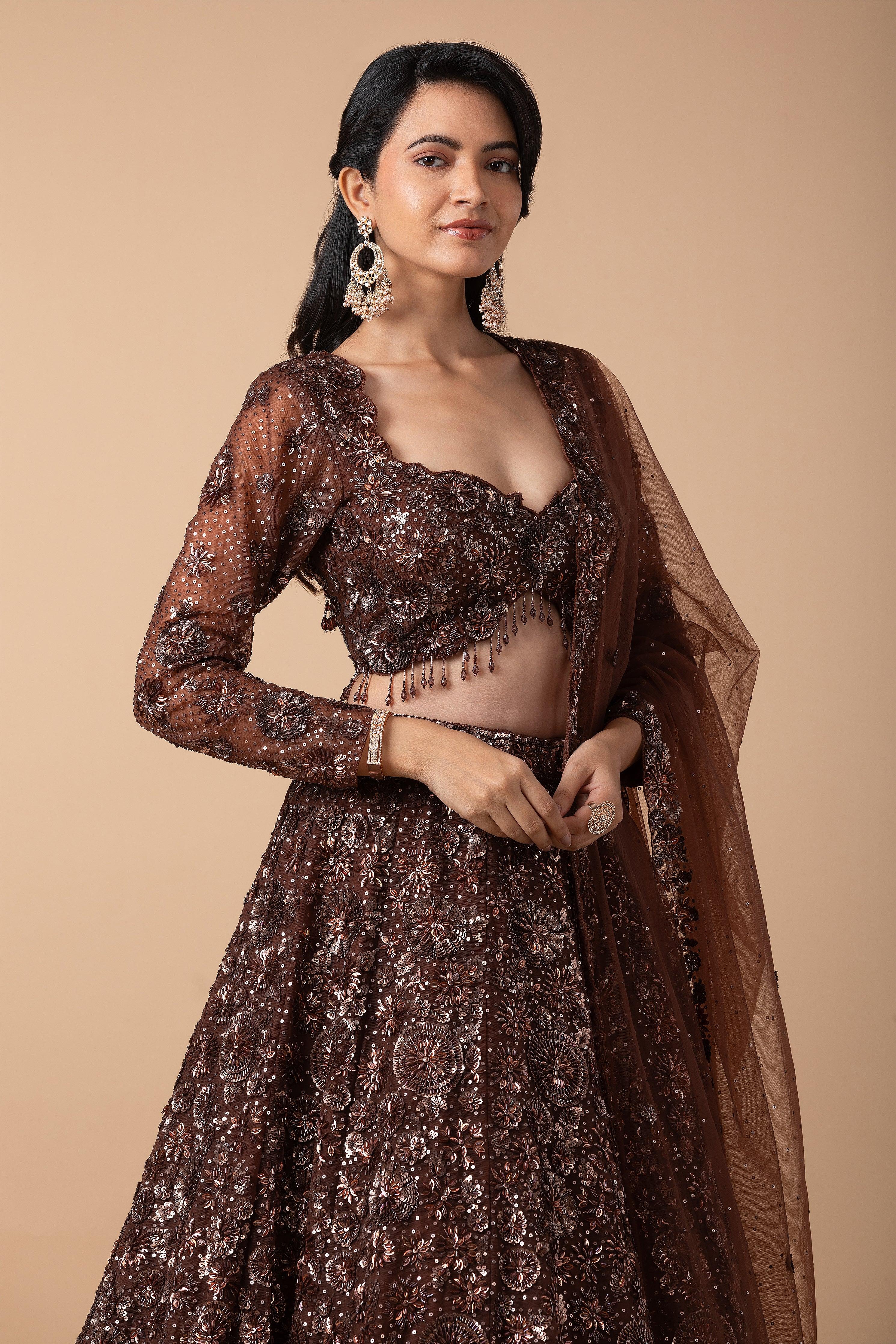Mocha Brown Embellished Lehenga Set - Mokshaa