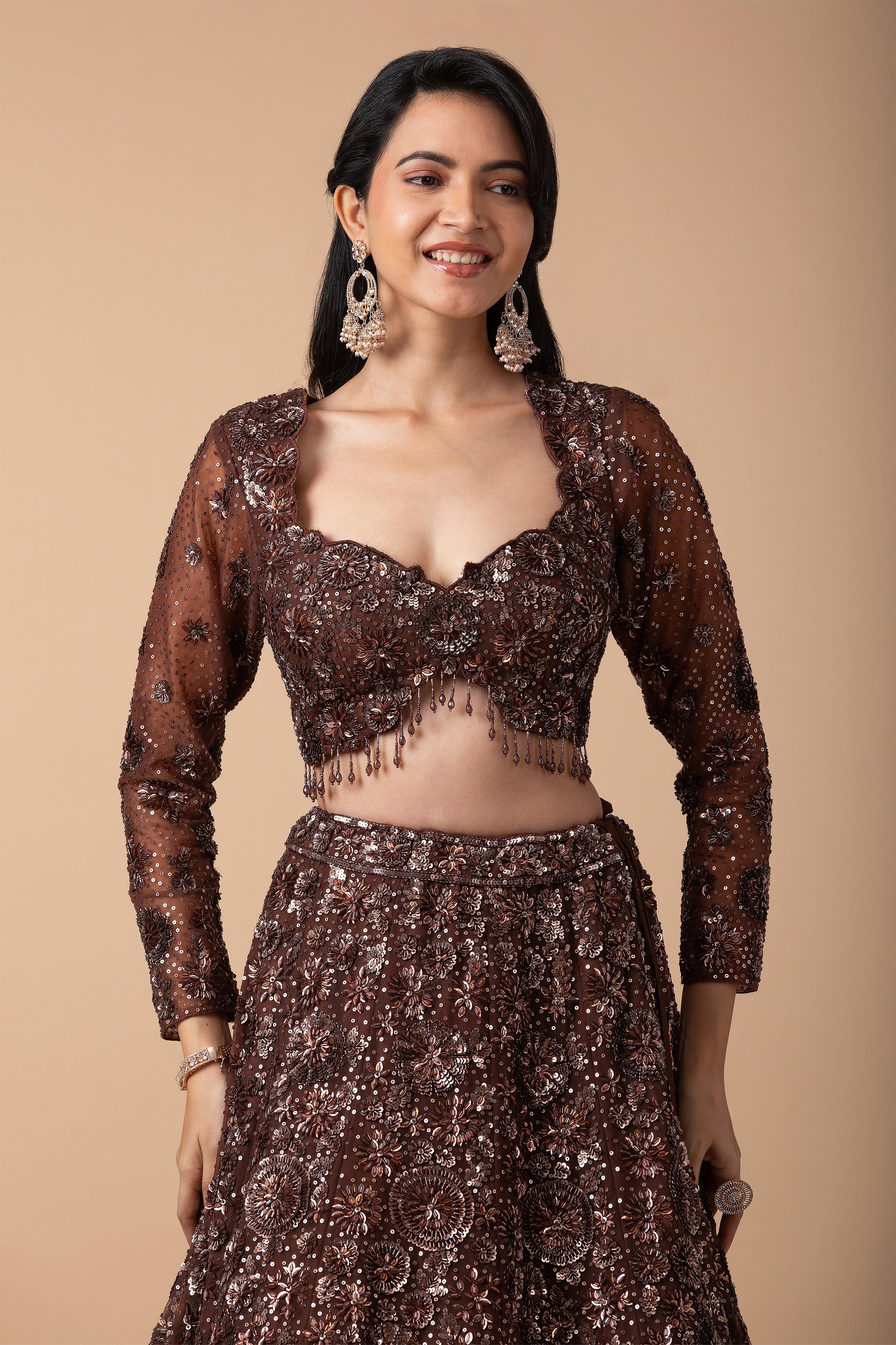 Mocha Brown Embellished Lehenga Set - Mokshaa