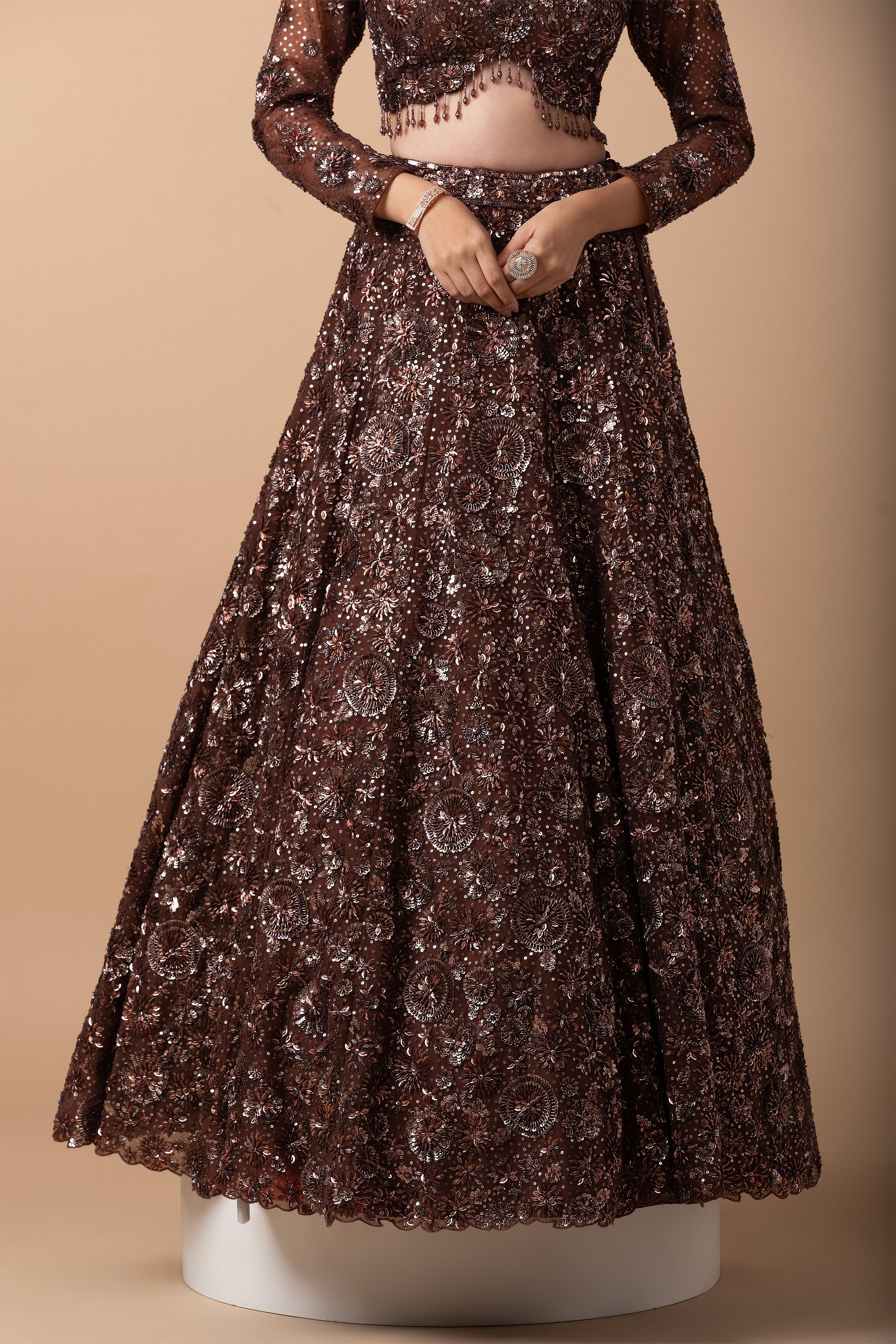 Mocha Brown Embellished Lehenga Set - Mokshaa