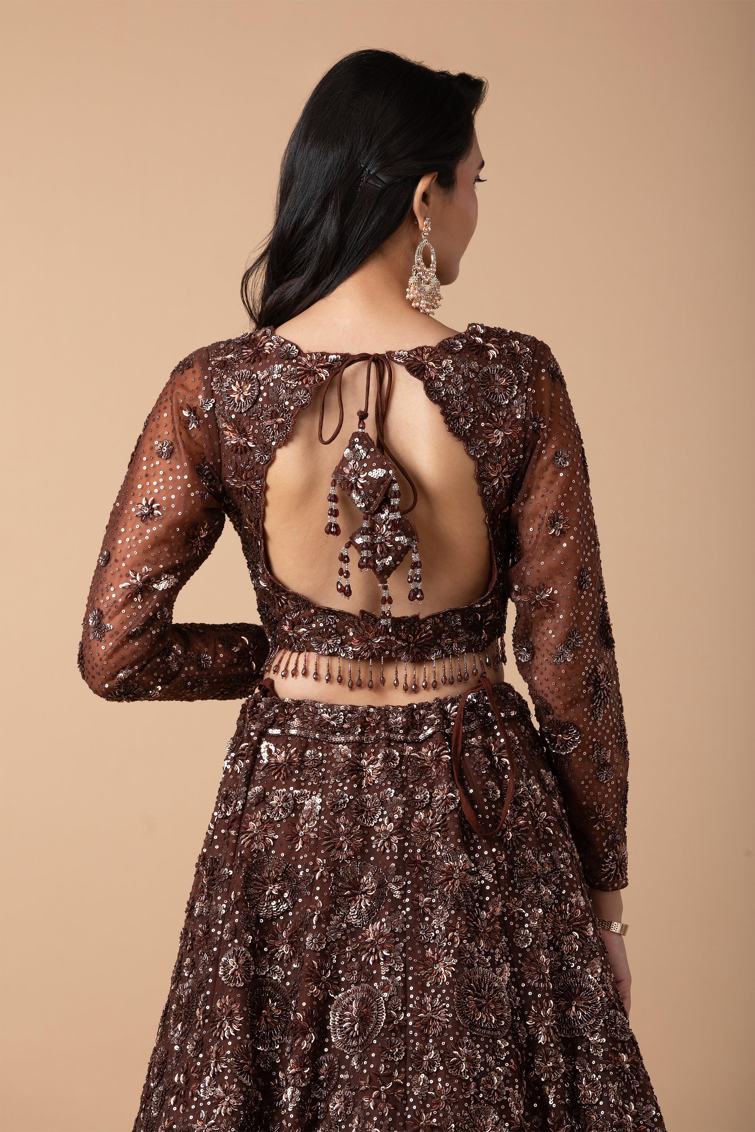 Mocha Brown Embellished Lehenga Set - Mokshaa